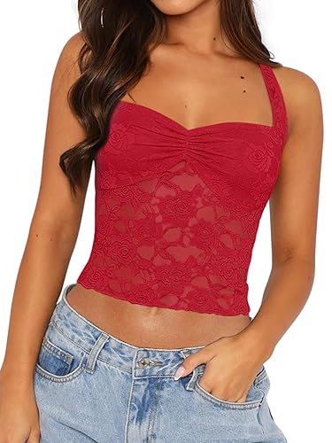 REORIA Lace Tops for Women Halter Sexy Going Out Tank Crop Y2K Fashion Top 2024 Trendy - Small - Red