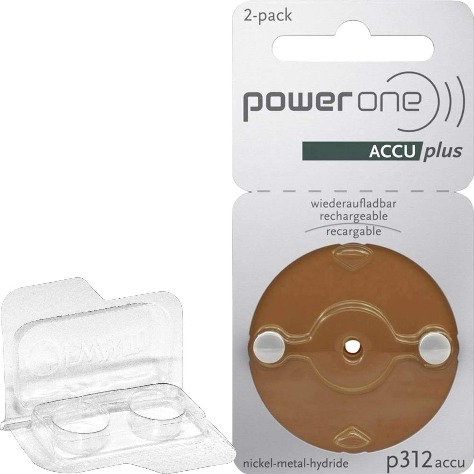 2X Für Power One accu Braun 312 Hörgeräteakku (1x 2er Blister) + EWANTO Aufbewahrungsbox für Zwei Akkus