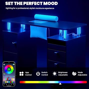LED Manicure Table with Built-in Dust Collector&4 Dust Bag,Nail Desk with 3 Drawer&2 Cabinet,Rolling Nail Table with Lockable Wheel,Wrist Rest for Beauty Nail Salon,Nail Workstation Art Desk (Black)