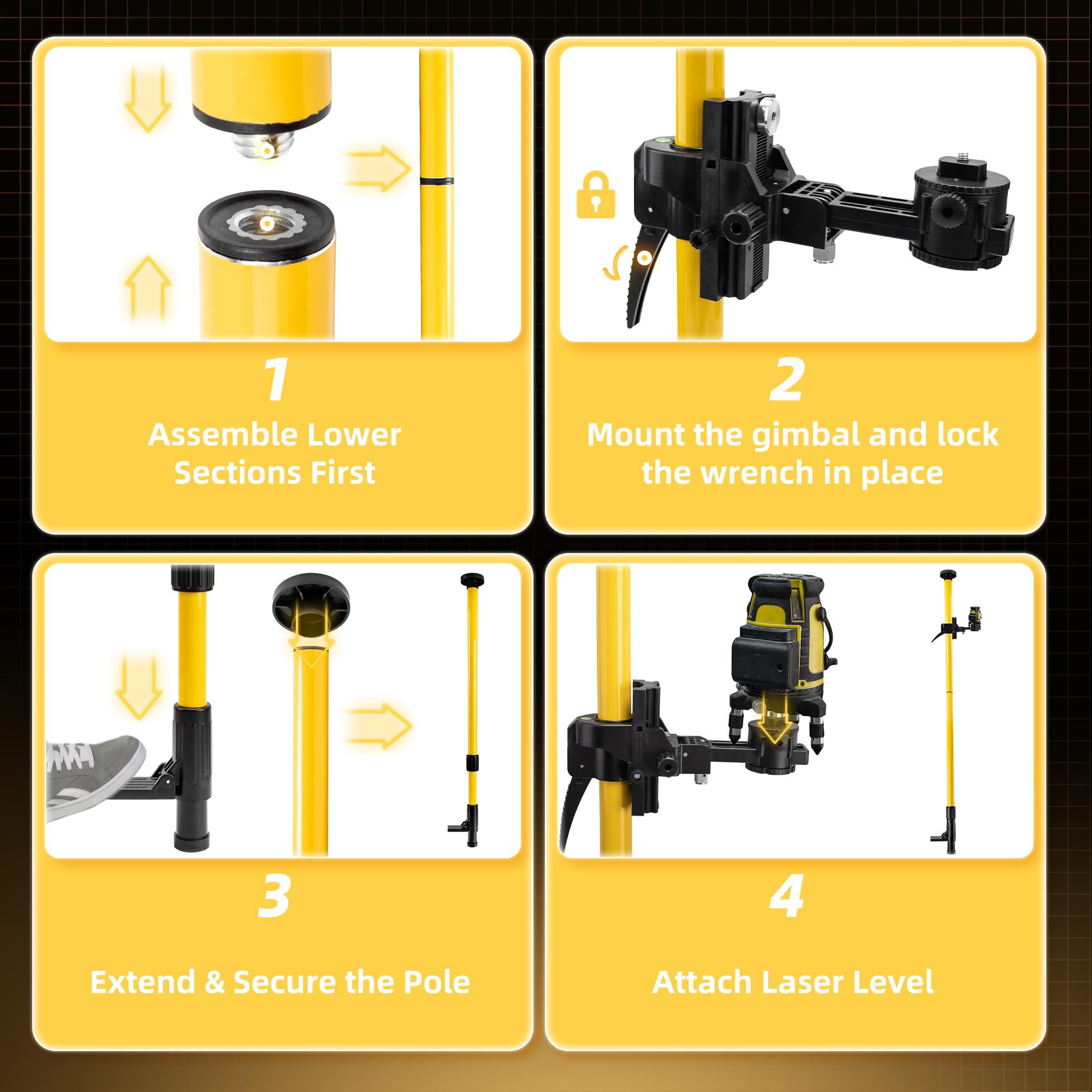 Barra Telescópica para Nivel Láser 4.2m Poste Láser de Piso a Techo Soporte Láser Ajustable con Rosca 1/4"-20, incluye Adaptador de 5/8"-11, Puntal Telescopico Extensible Hasta al Techo