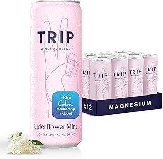 Trip Mindful Blend, Lightly Sparkling Adaptogen Seltzer, Mocktail w/ 120mg Magnesium Citrate with Ashwagandha, Lions Mane & L Theanine, No Added Sugar, Vegan, Elderflower Mint, 12 Oz, 12Pk