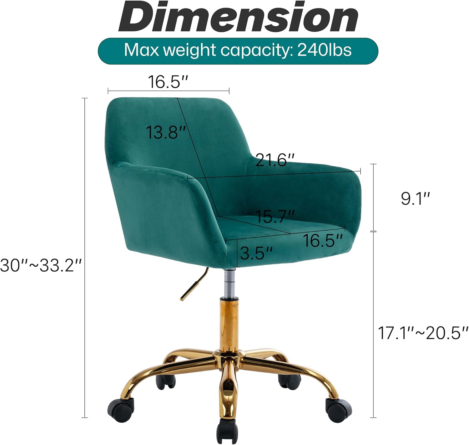 KCC Velvet Office Desk Chair, Comfy Swivel Modern Leisure Armchair with Wheels, Upholstered Comfy Velvet Fabric Makeup Chair Height Adjustable for Teens Women Girls Elegant Home Office, Green