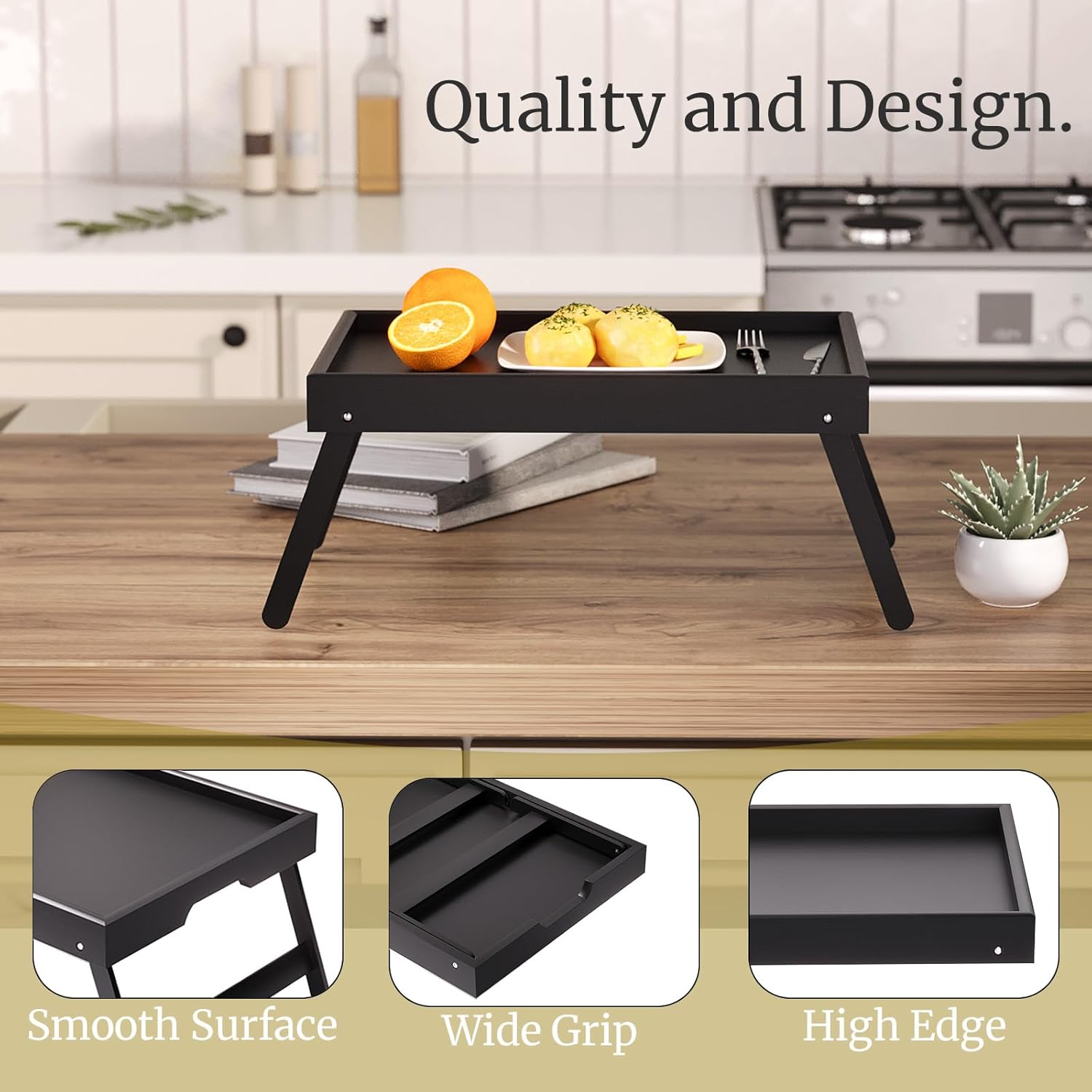 VERTORGAN 3 Pack Bamboo Bed Tray Table with Folding Legs,Breakfast Trays,Serving Tray,Laptop Tray for Working,Food Snack Tray for Bed and Sofa(Black)