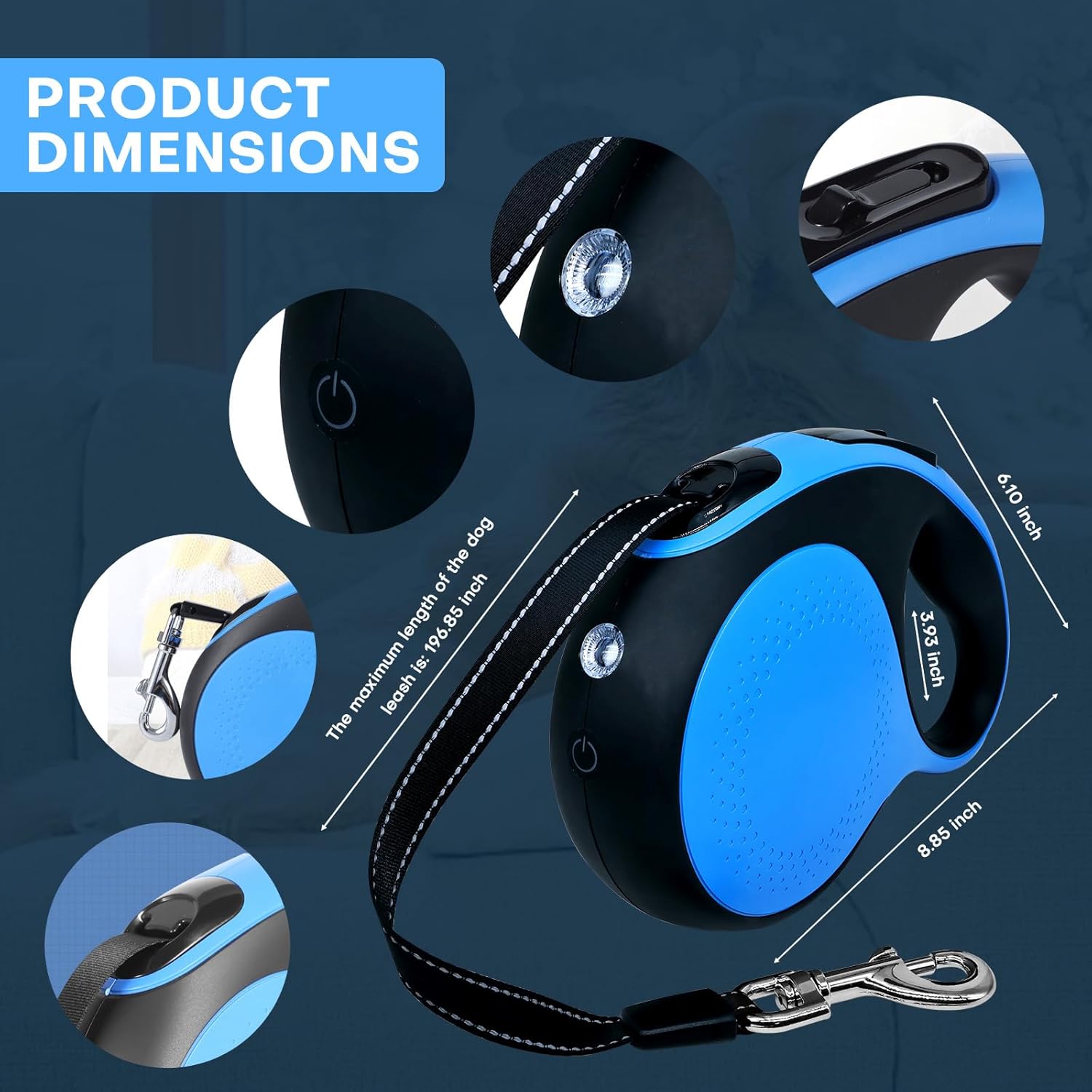 Retractable Leash with chew-Proof Cable and LED Flashlight for Small Medium and Large Dogs up to 110 lbs, 16 ft. Heavy-Duty Leash, 360° Tangle-Free(LED+Blue, 16Ft)