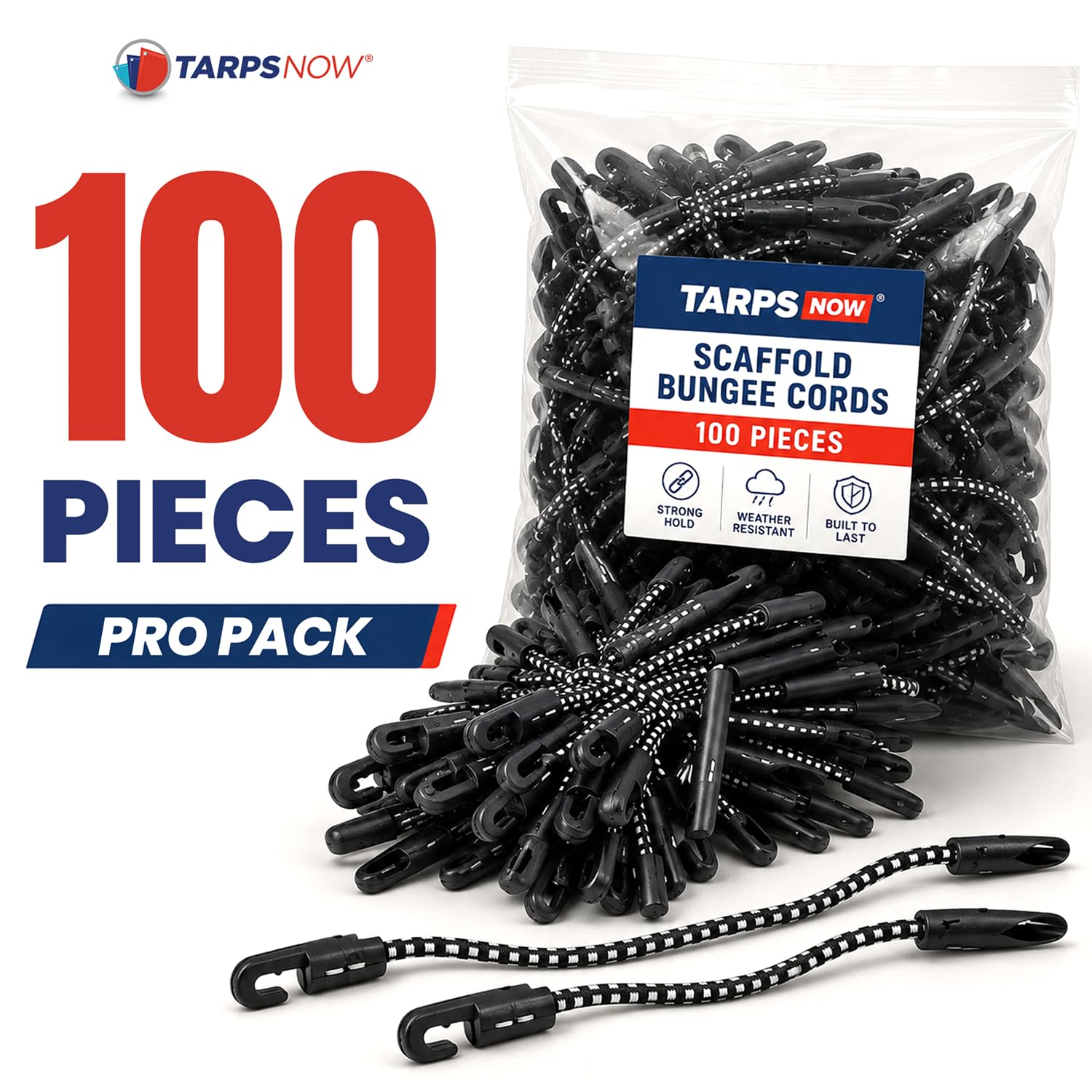 Tarps Now - Cordones elásticos de 8 pulgadas con extremo de bucle ajustable, cuerda elástica resistente y duradera para andamios, herramientas, construcción, 100 piezas