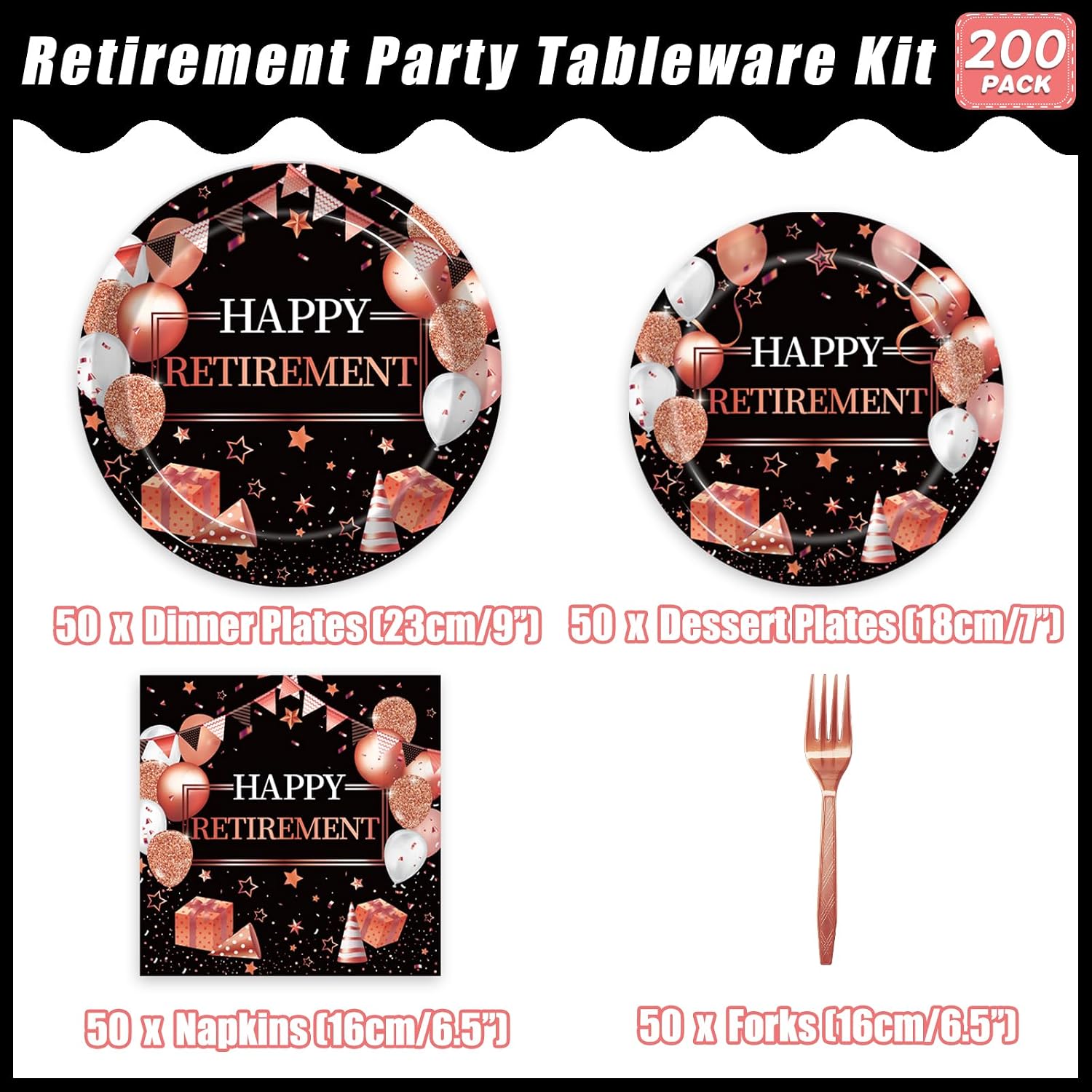 200Pcs Retirement Party Plates and Napkins Set, Rose Gold Happy Retirement Party Supplies Decorations for Women Going Away Party Disposable Dinnerware Set, Serves 50