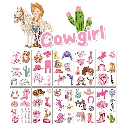 Western Cowgirl Temporary Tattoos,10 Sheets Wild West Pink Disco Cowgirl Cactus Horse Cow Waterproof Fake Tattoo Stickers for Kids Girls Birthday Gifts Party Favor Supplies