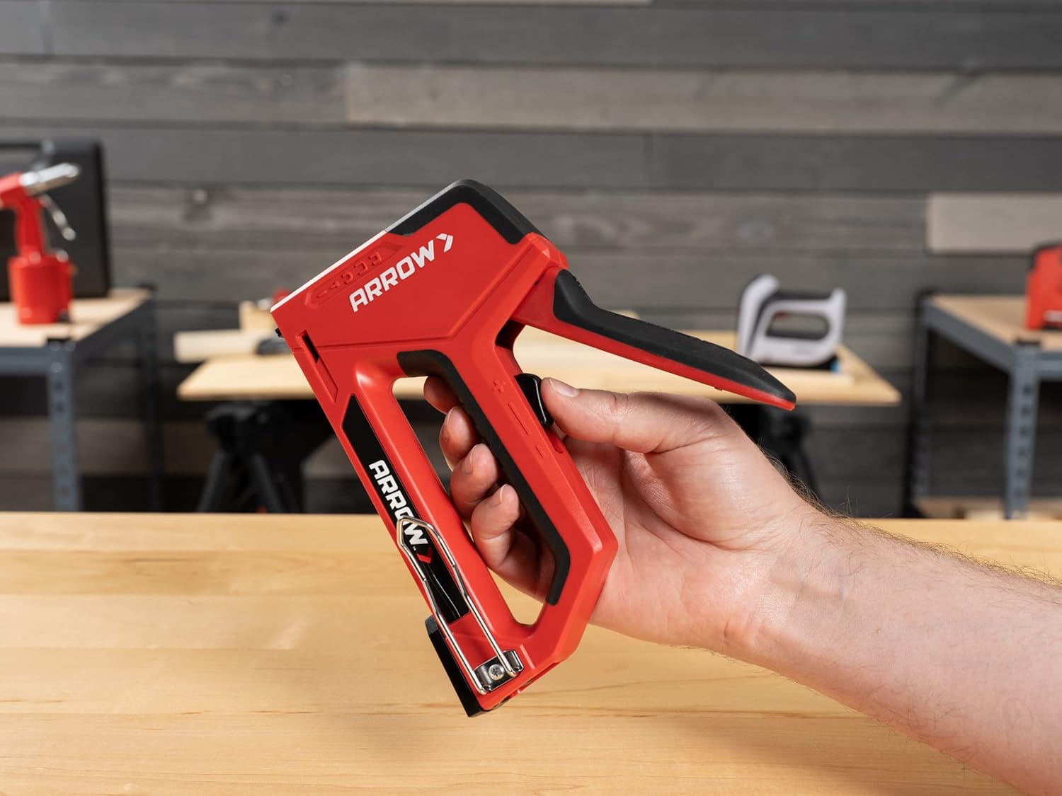 Arrow T501 5-in-1 Manual Staple and Nail Gun, Wire Stapler, and Brad Nailer for Wood, Upholstery, Construction, Insulation, Crafts, Fencing, and Cable, Black/Red