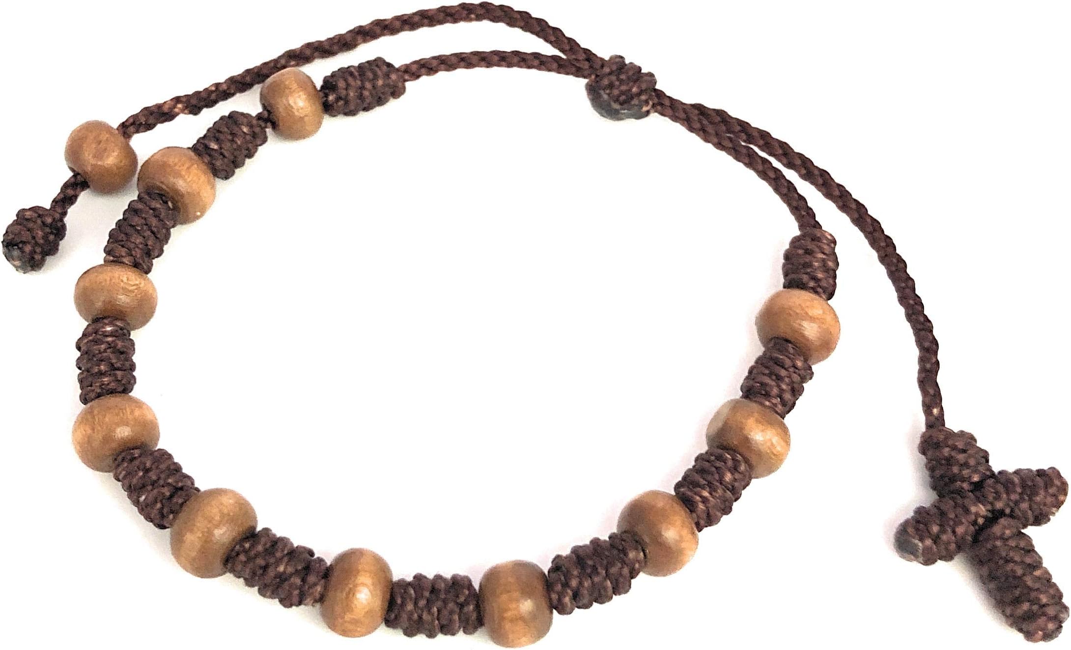 Unisex Decade Rosary Bracelet, Brown Cord with Wooden Beads, Adjustable Catholic Prayer Bracelet for Men and Women
