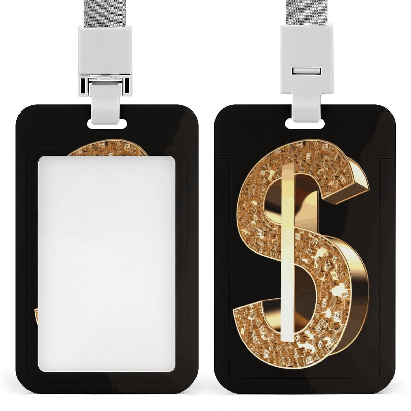 ID Card Holders for Lanyard,Gold Dollar Sign Printed Badge Holder with Clear Window,Plastic Vertical Bus Pass Holders for Work Teacher Nurse Employees Proximity Key Cards Women Men — image 1