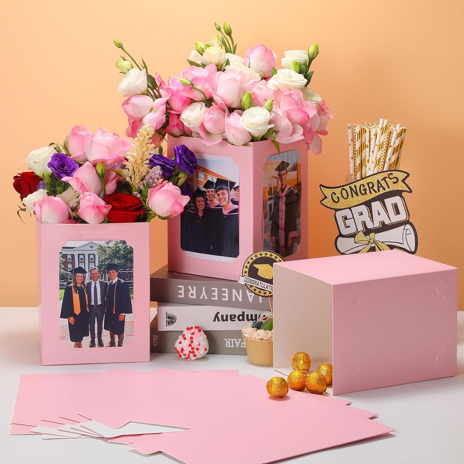 15 Pack Graduation Box Centerpieces for Table 6/7 Inch Photo Display，Picture Table Box Photo Props Frame for Grad Party Favors Birthday Wedding Dinner Party Graduation Decorations(Pink)