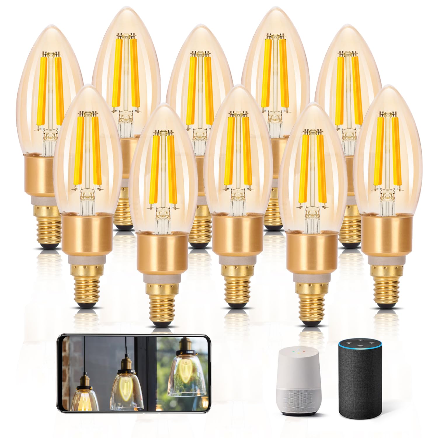 Aigostar Edison Bombillas Alexa LED E14 Bombillas Inteligentes 4.5W 470LM WIFI Bombilla Vintage C35 Bombillas Filamento Regulable 2700K-6500K, compatible con Alexa/Google Home. ámbar 10 pack