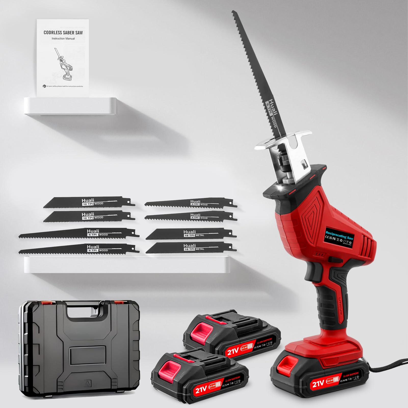 Viugreum Sega a sciabola, 21 V, batteria 4000 giri/min, sega universale, sega a sciabola con luce LED, 8 lame, 2 batterie, manuale utente per il taglio di legno PVC