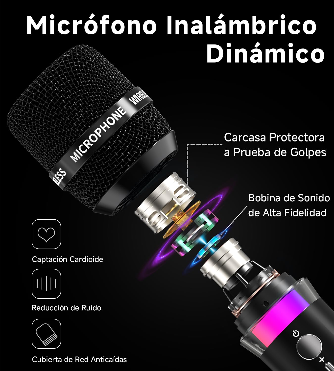 Micrófono Inalámbrico, Micrófonos Duales Inalámbricos Recargables Con Conexión de Chip Uno a Uno y Luces LED, 40h de Duración, Alcance de Recepción de 60m, Micrófono de Karaoke Para Cantar. (Negro)