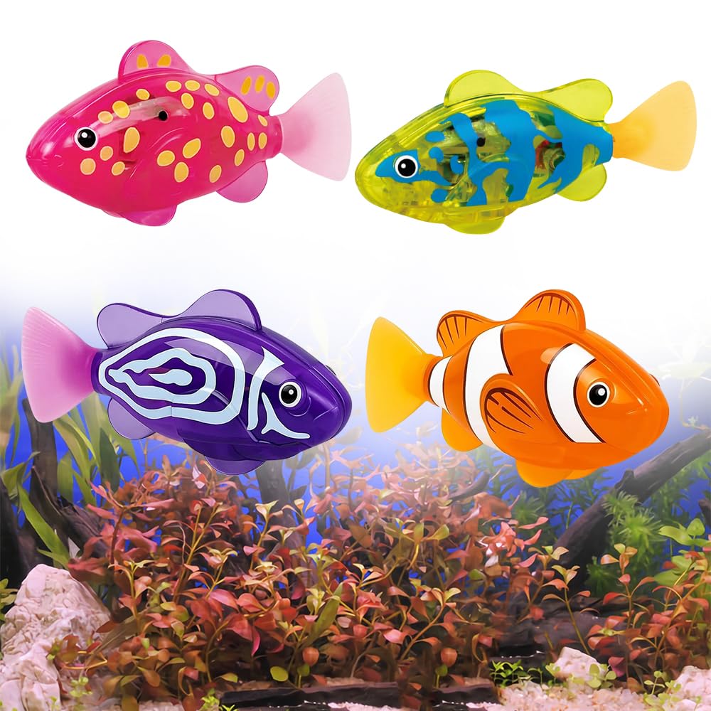 Lot de 4 poissons Robo - Jouet électronique pour chat - Poisson électrique lumineux - Fonctionne avec piles - Jouet flottant interactif pour enfants et animaux domestiques