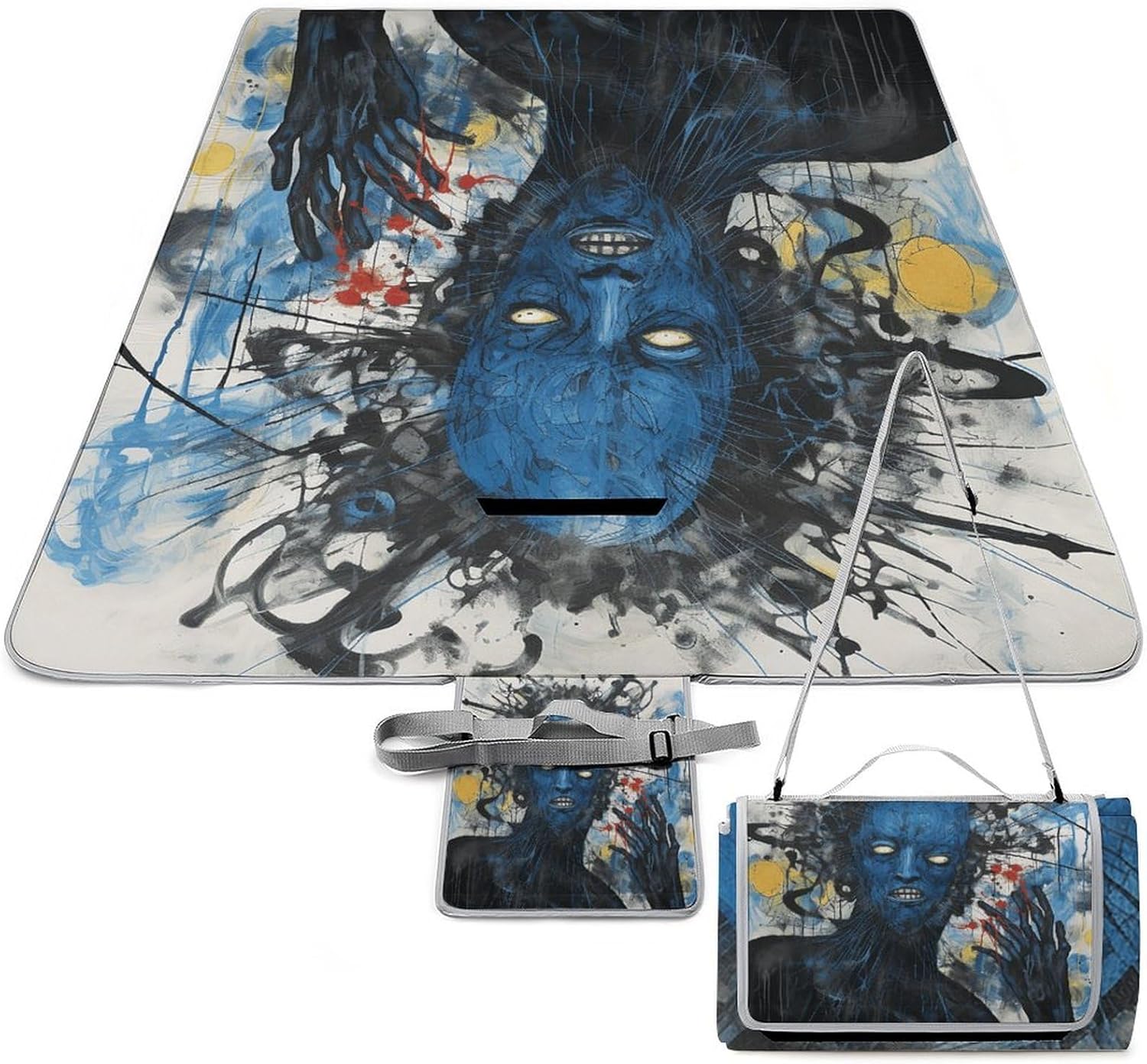 Abstract Blue Painting Waterproof Picnic Blanket 58.3''x58.3'',Portable and Foldable Picnic Mat with Handle,Outdoor Blankets for Lawn Park Beach Travel