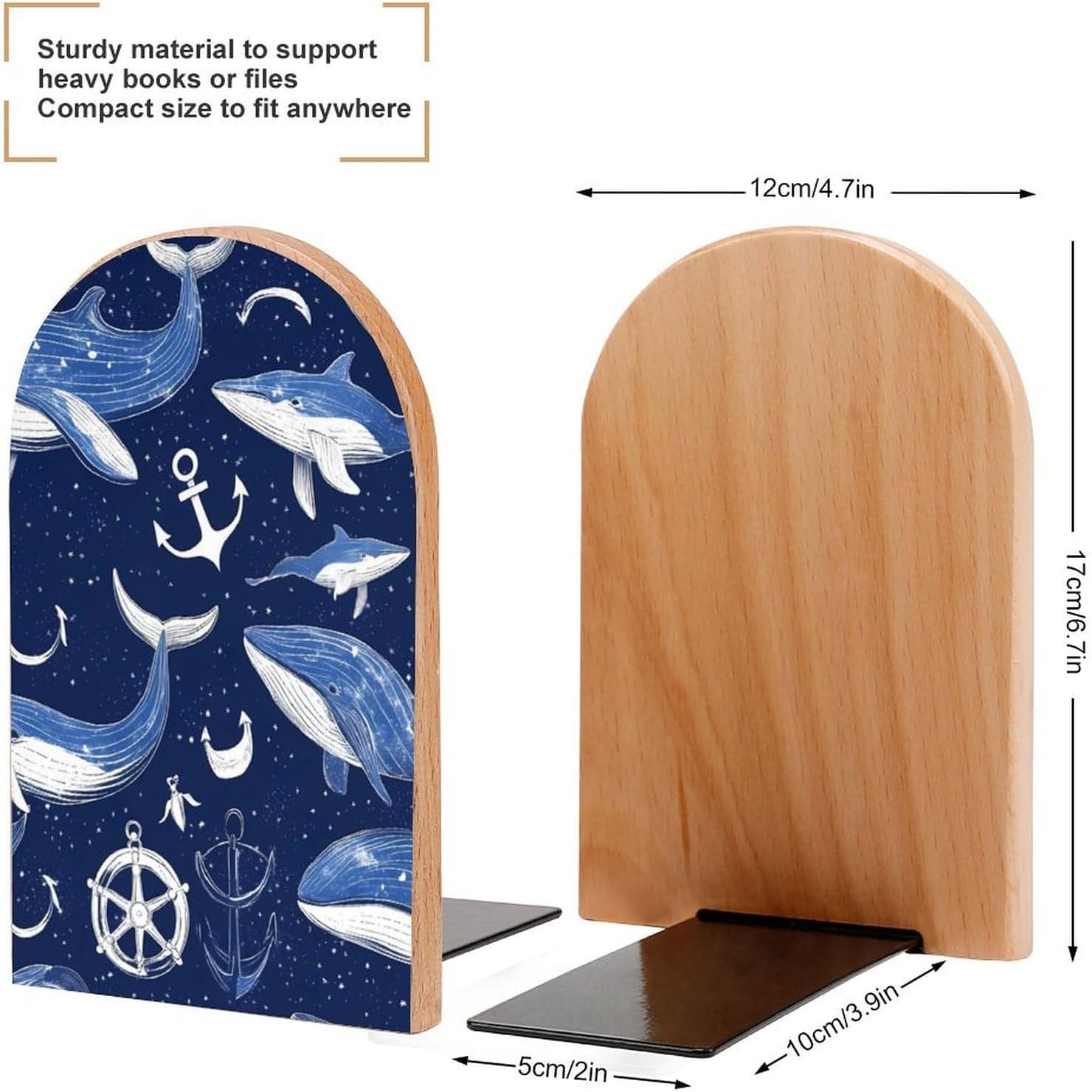Nautical Whales Steering Wheels Cute Wood Book Ends Decorative Bookends 1 Pair Non-Skid for Shelves Home Office 7 X 5 Inch
