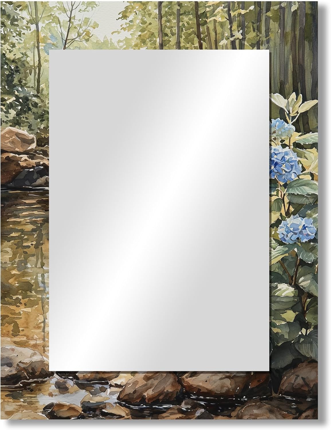 DesignQ - Hydrangeas Blooming Beside The Forest River IV - Traditional Rectangle Wall Mirror - Hydrangea Vanity Mirror for Bathroom Print on Metal, 30" W x 40" H