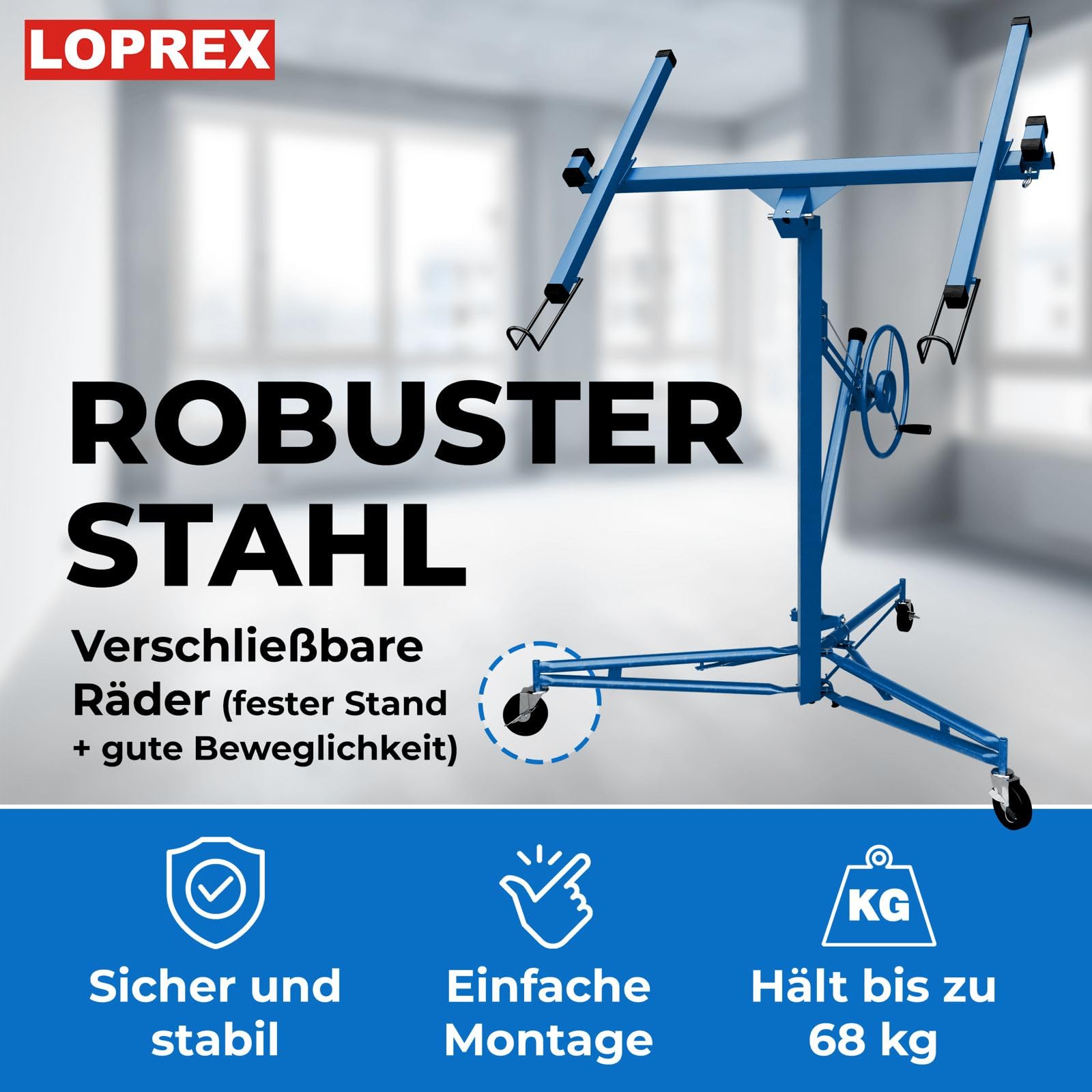 Plattenheber Trockenbau - Plattenlift bis 325cm und 68kg - 1- Mann Plattenlift für Rigipsplatten - für Decken und Wände (Blau)