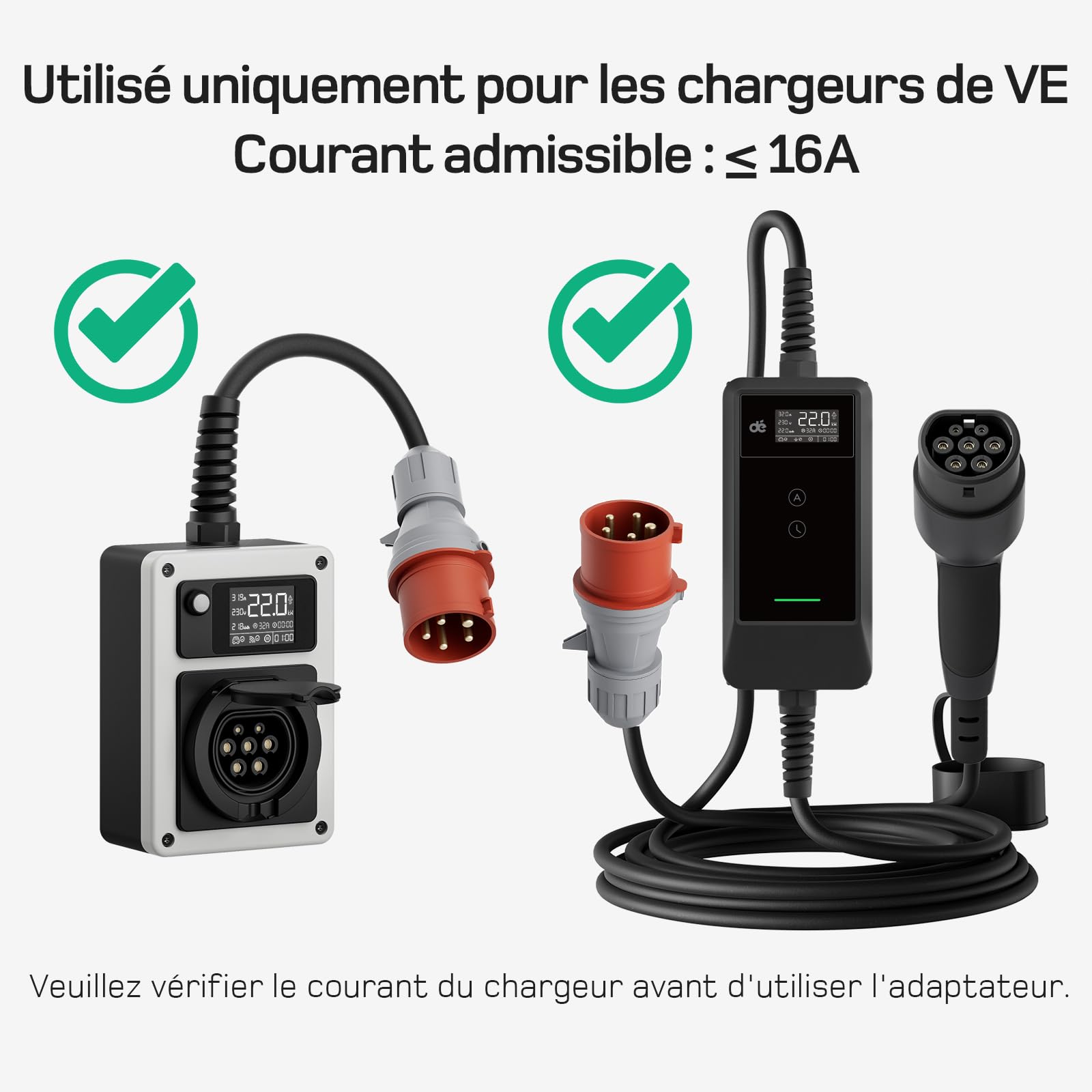 dé Adaptateur CEE 16A 5 Pôles pour 22kW Chargeur EV/Station de Charge vers Prise de CEE 16A Rouge/Bleu/ 230V avec Câble Caoutchouc 0,5m H07RN-F 3G2.5mm² IP44 Utilisation en Extérieur