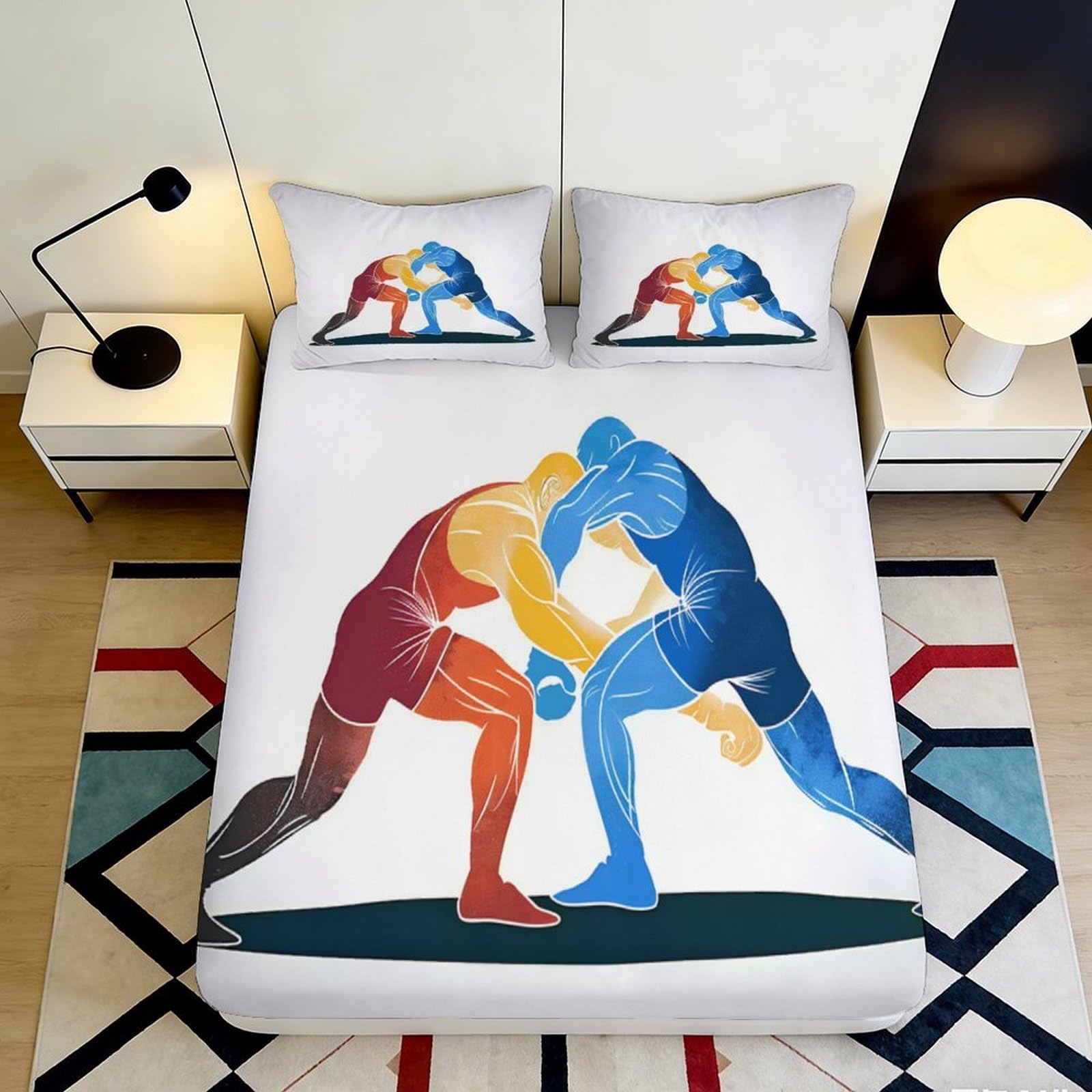 3D Printed Wrestling Design Fitted Sheet Microfiber Durable Soft 3D Artwork Mattress Cover for Bedroom Dormitory Guest Room Protective Bed Decor 200x200x25cm