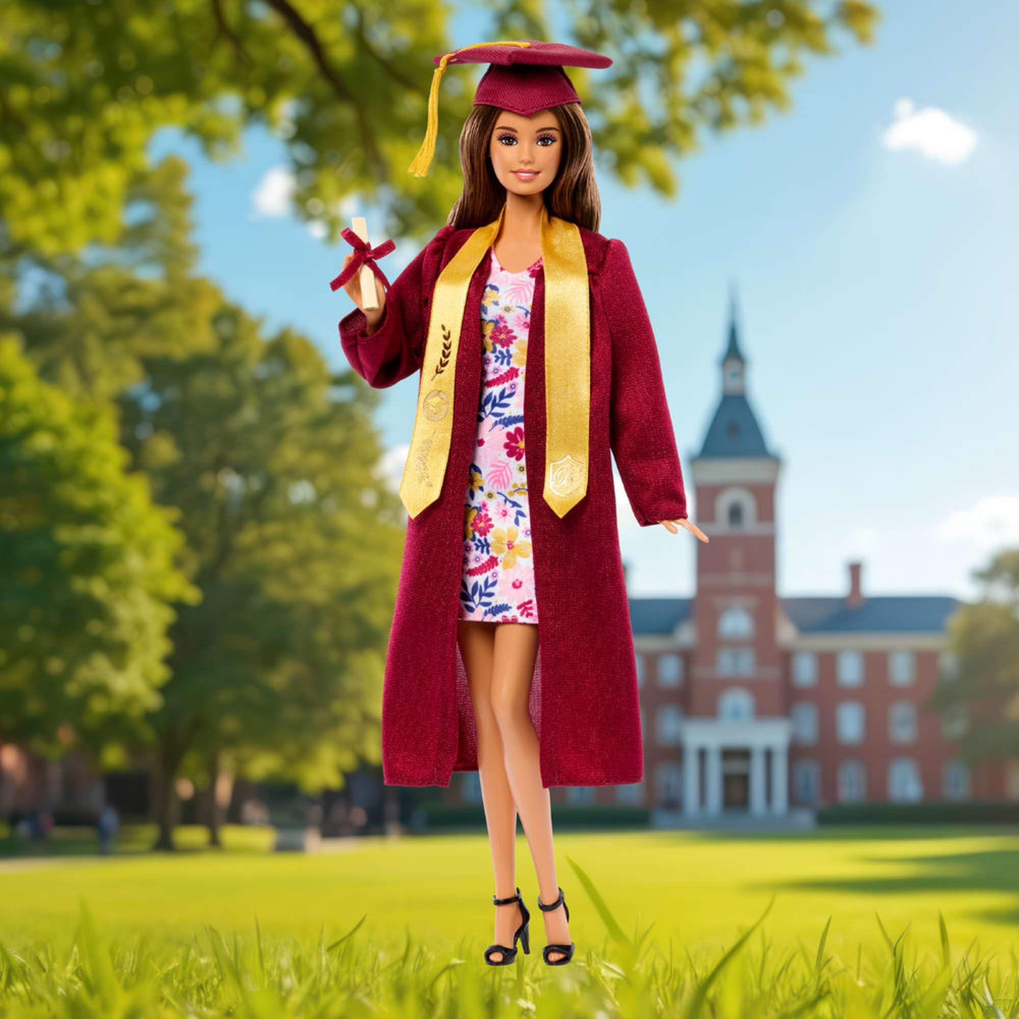 Barbie Signature - Graduation Wishes, bambola da collezione con toga di laurea bordeaux e cappello con nappina dorata, diploma e confezione speciale inclusi, 6+ anni, JJX81
