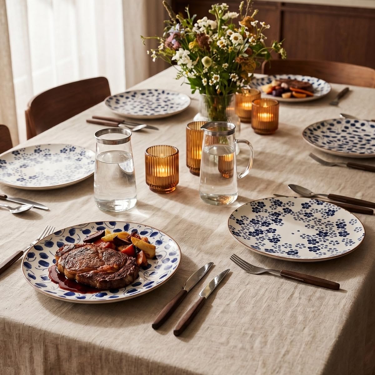 Cookinglife Juego de vajilla Fleuris de 18 piezas/6 personas, 6 platos llanos, 6 platos de desayuno y 6 cuencos