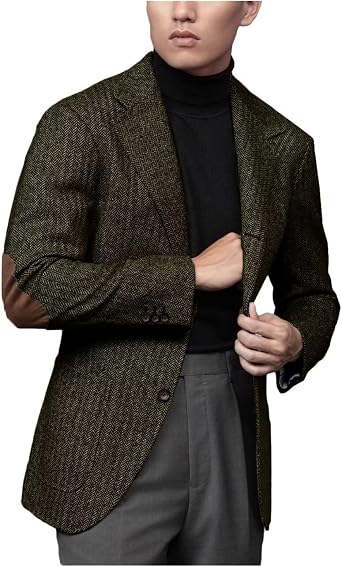 Mens Herringbone Tweed Casual Blazer with Elbow Patch Fashion Sport Coats Vintage Formal Jacket