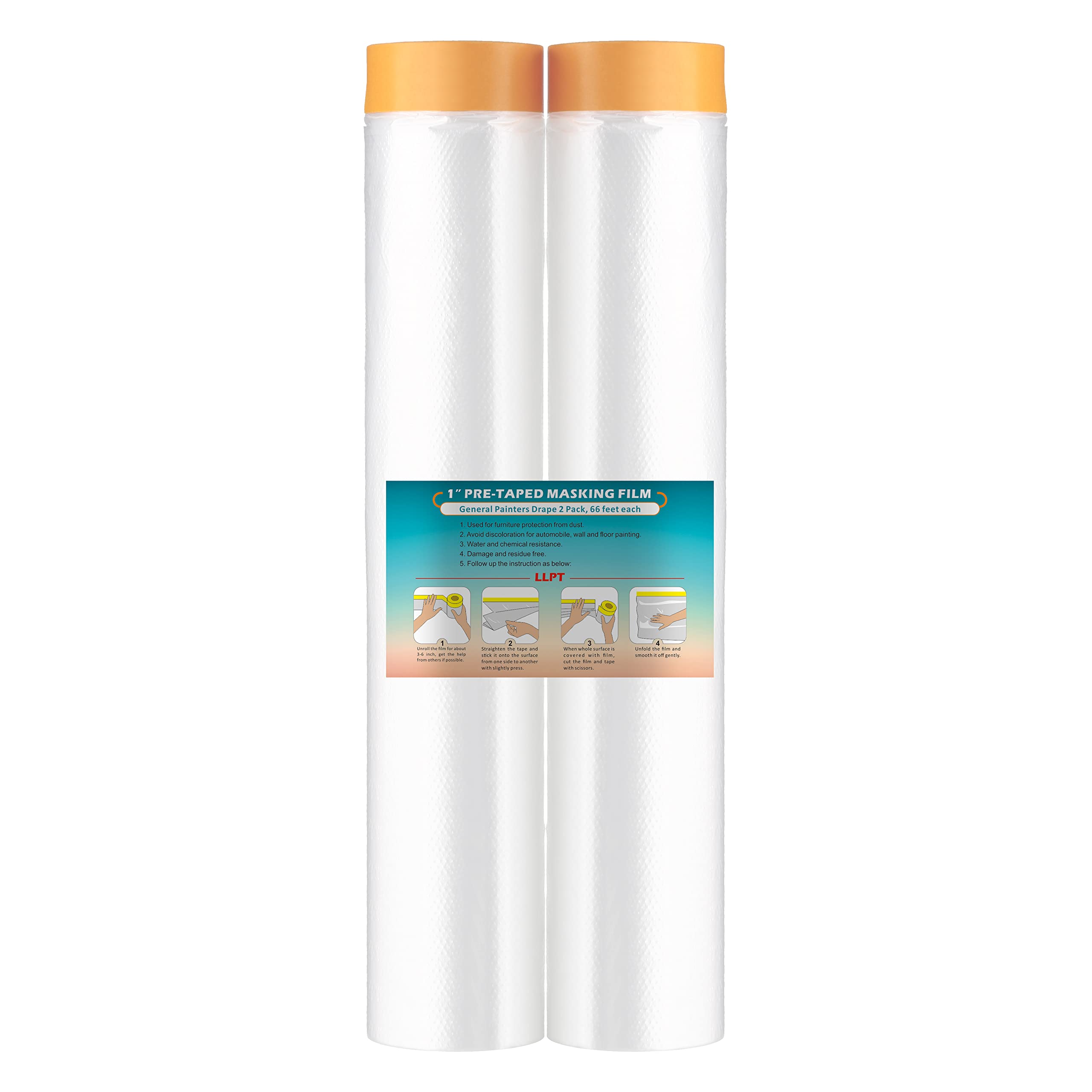 LLPT Tape and Drape Pre-Taped Masking Film | 2-Pack | Versatile Painter's Plastic Dust Sheets for Auto Wall Furniture Painting and Spraying Protection (MFT4002) | 400cm(Unfolded) x 20m