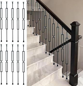 WDJBPSH Rectangular Hollow Staircase Baluster Spindles, Black Floor Metal Railing Columns with Adjustable Brackets for Stairs/Decks/Platforms & StepsDouble Frame,Pack 10