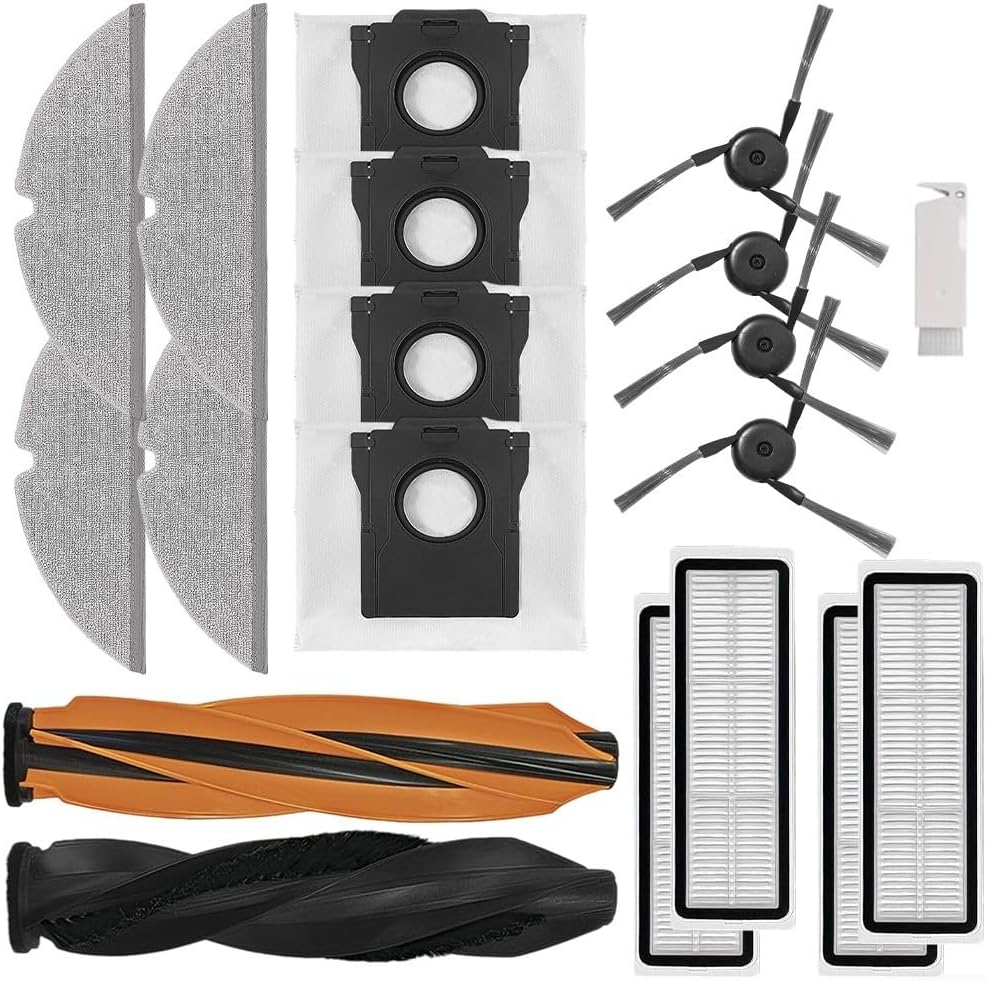 18PCS Replacement Accessories Kit For DREAME D20 Plus Vacuum Cleaner, Vacuum Corner Cleaning Tool, Includes 1 Double Roller Brush 4 Side Brushes 4 Filters 4 Mop Cloths 4 Dust Bags 1 Cleaning Tool