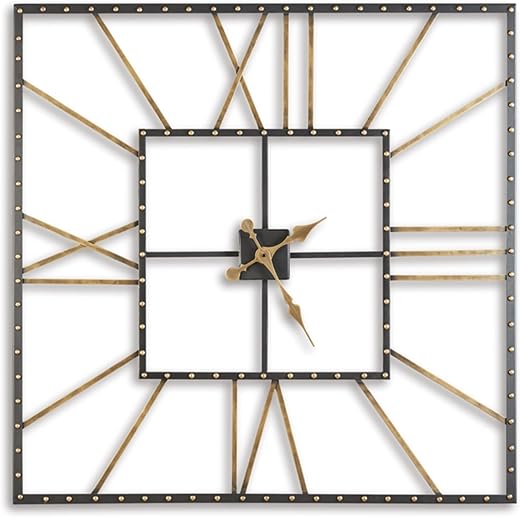 Signature Design by Ashley Thames Modern 40 Square Metal Roman Numeral Wall Clock, Black & Gold