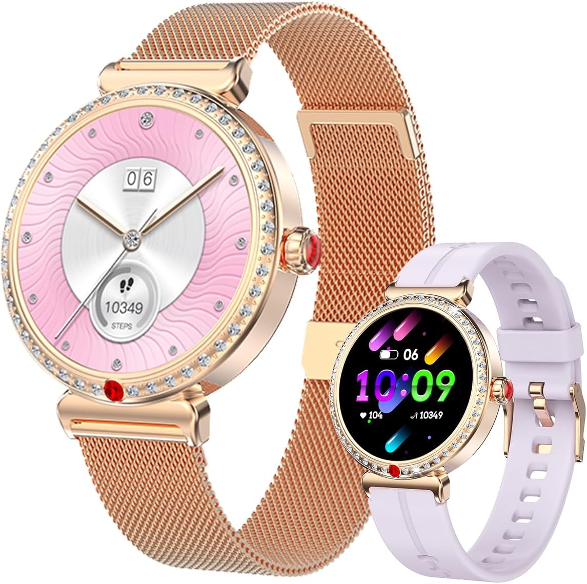 H17 Smart Watch for Women,Bluetooth Calls,1.28"AMOLED Round Design,Blood Pressure/Heart Rate/SpO2/Sleep Monitor,Menstrual Tracking,100+ Sports Modes,IP68 Waterproof,iOS Android Compatible,2 Bands