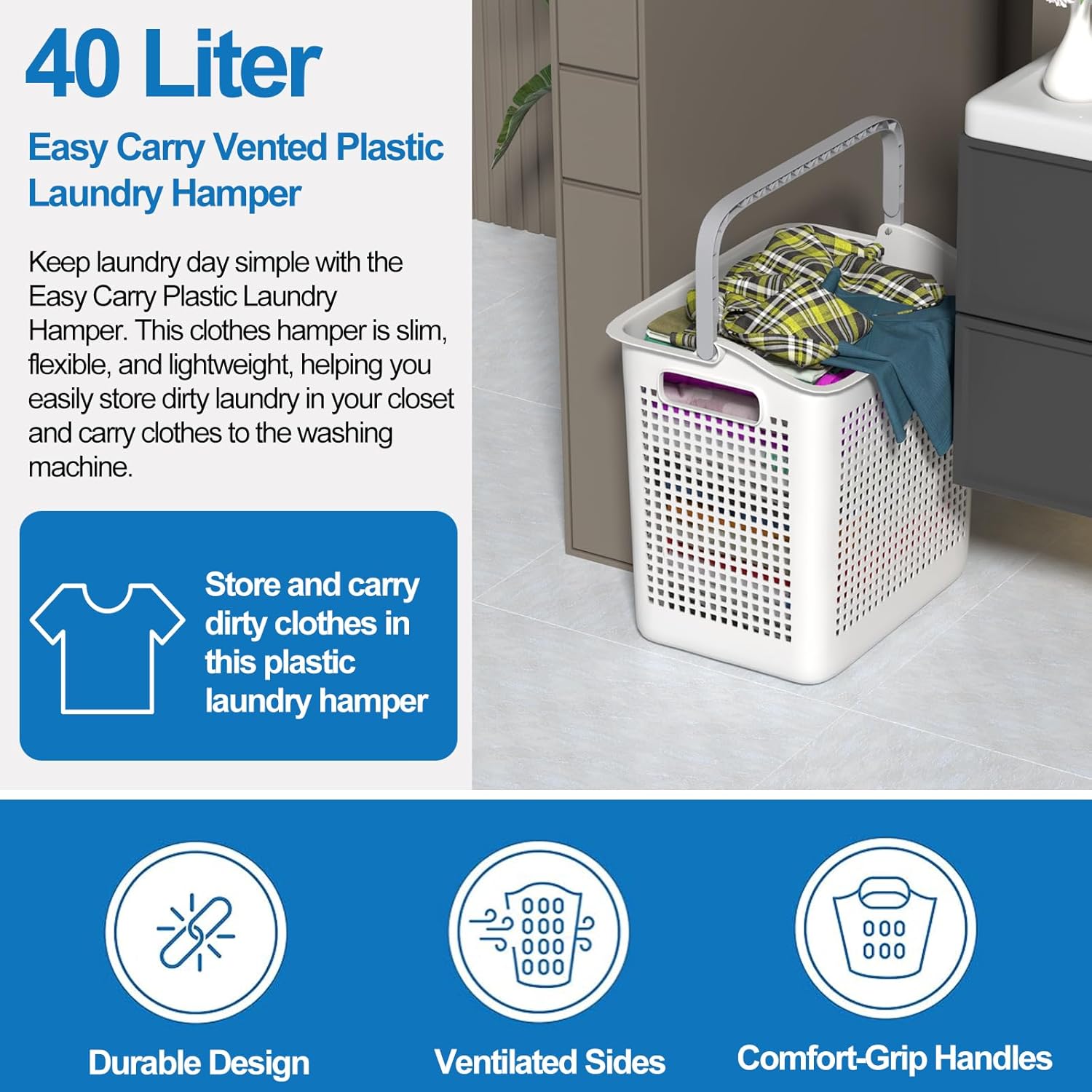 40L Plastic Clothes Hamper Bin w/Comfort Handles, Fashion Portable Laundry Basket in Bedroom, Laundry Room, 4-Pack(White)