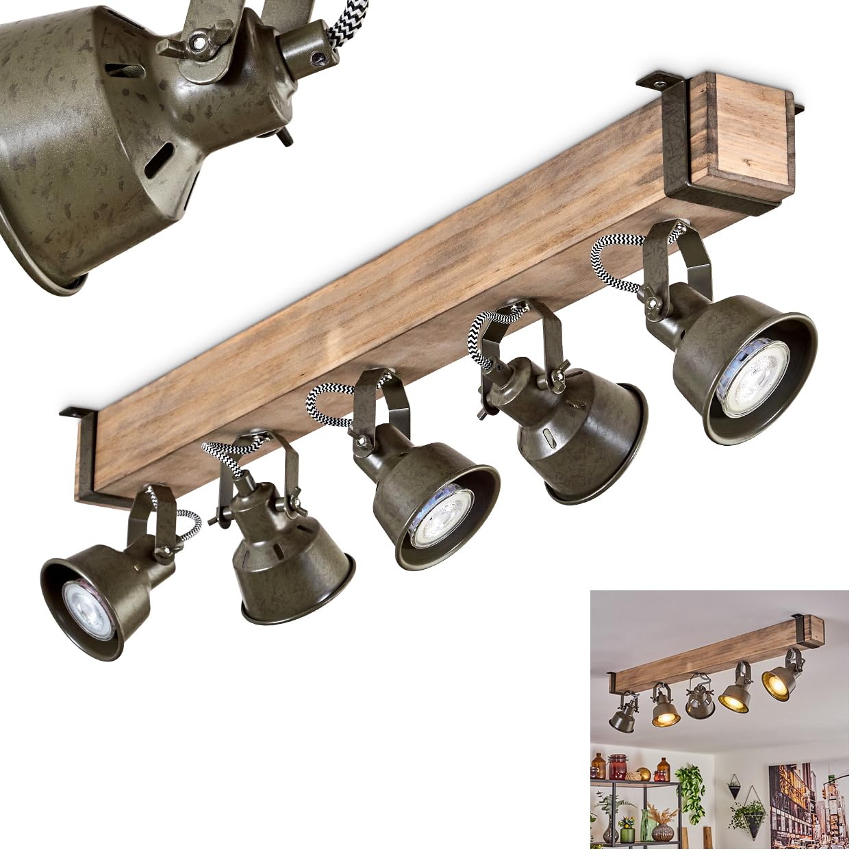 Ceiling Light Pehefito, Modern Ceiling Light Made of Metal/Wood in Black/Natural/Green-Grey, Ceiling Light in Industrial Design with Adjustable Shades, 5-Light, 5 x GU10 Without Bulbs