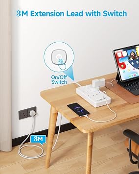 3M/9.84FT Extension Lead With USB Slots 6 AC Way With Fast Charger 1 Type-C + 3 USB Slots(5V 3.4A),13Amp UK Plug Power,Surge Protectors Extension Cord,Power Strip for Home Office (A)