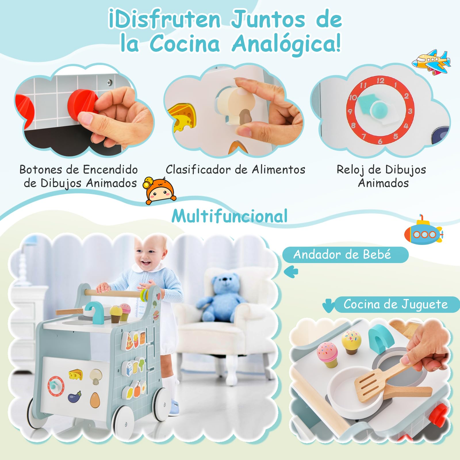 GOPLUS Centro de Actividades de Cocina de Madera 6 en 1, Andador con Cocina para Bebés, Cocina de Juguete, Juego de Empareja, Carriola Ergonómica con Ruedas para Bebés de 12+ Meses (Azul)