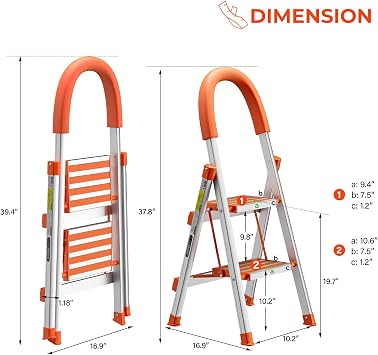 LUISLADDERS 2 Step Ladder Aluminum Lightweight Folding Step Stool Portable Home and Kitchen Anti-Slip Stepladder 350lbs EN131 (2 Step)