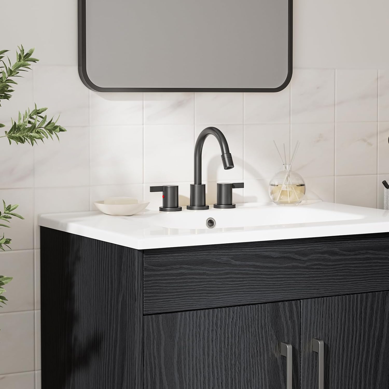 Phiestina Pull Out Sprayer Matte Black 8 Inch Bathroom Sink Faucet, Widespread 2 Handles 3 Hole Pull Down Bathroom Faucet, with Pop Up Drain and Water Supply Line, BF04022-K01-MB