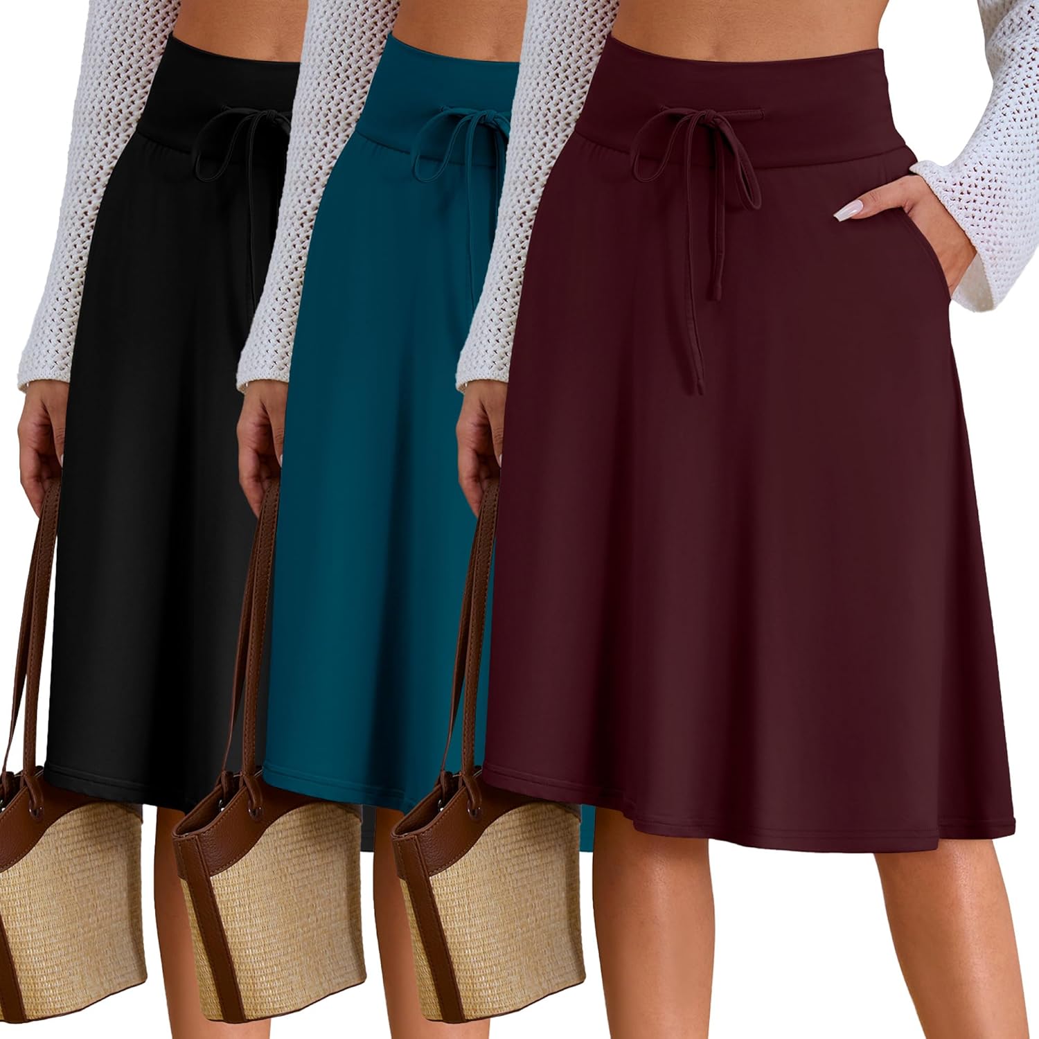 Neer 3 Pack Women's Knee Length Midi Skirts, Flowy Flared High Waisted A-Line Casual Drawstring Summer Skirts with Pockets