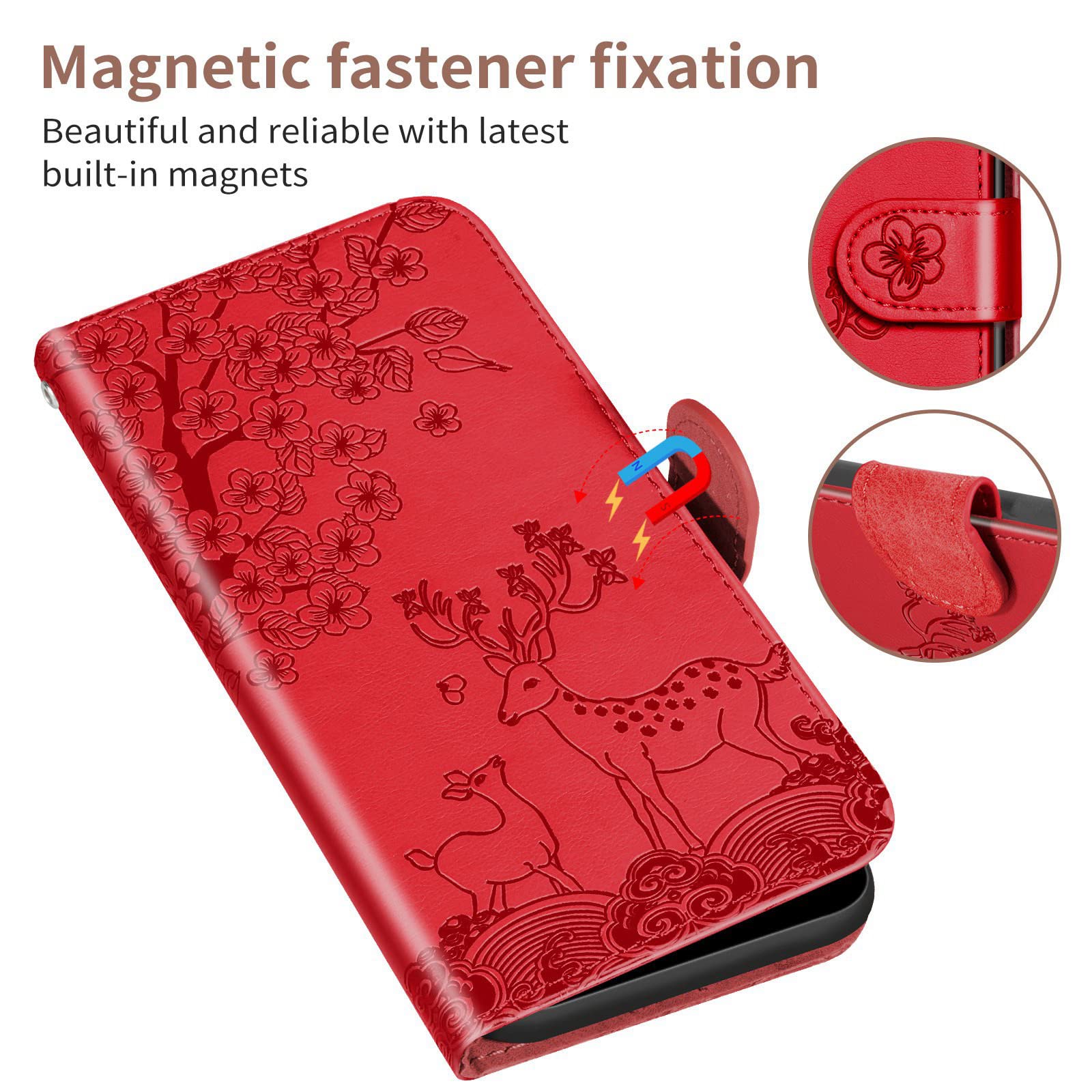 Etui do Samsung Galaxy S22/S22 Plus/S22 Ultra, wytłaczany jeleń skóra PU, portfel etui z przegródkami na karty podpórka, magnetyczne etui na telefon z klapką, czerwone, S22 Plus 6,7"