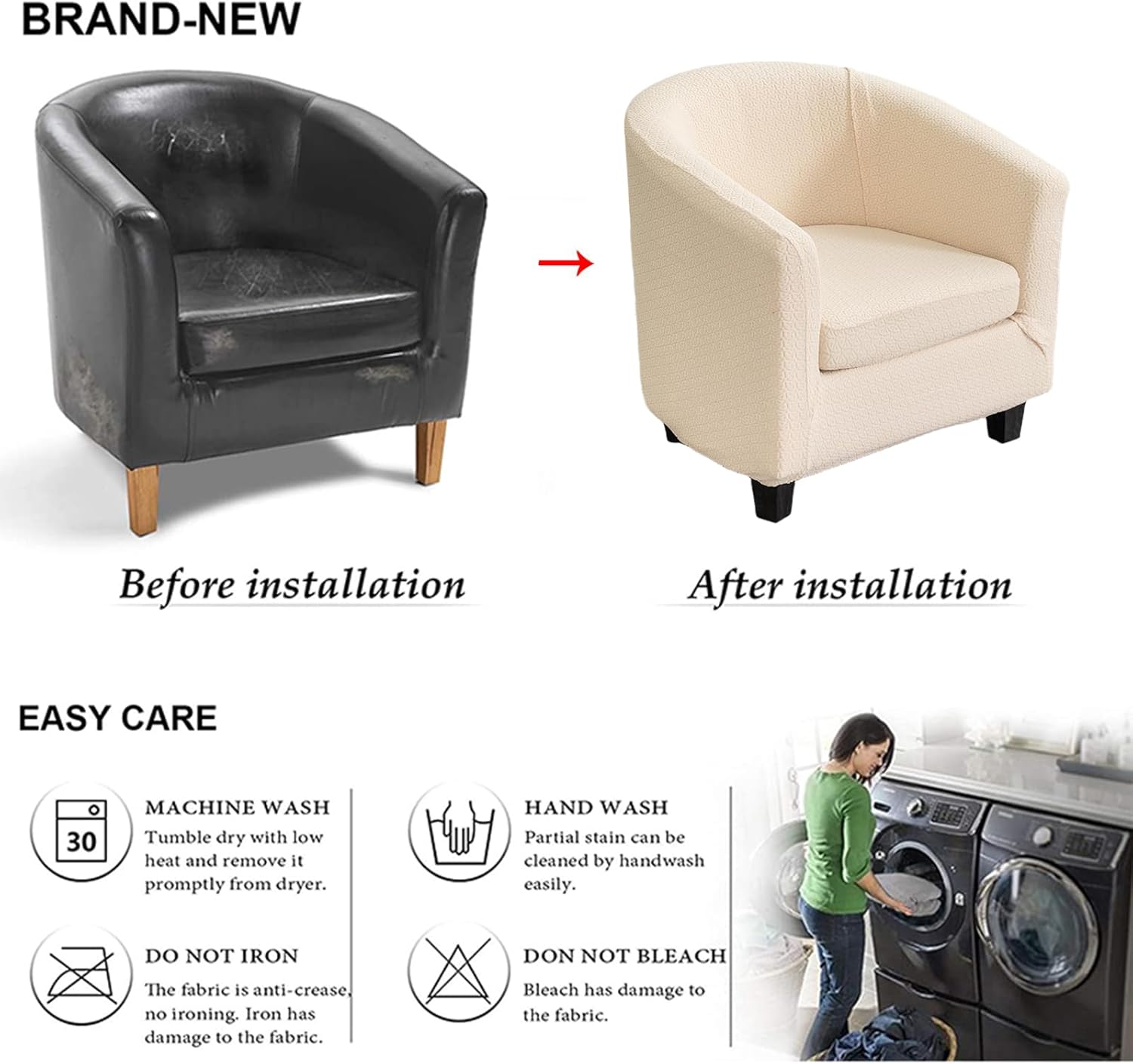 NILUOH Stretch Club Chair Slipcover 2-Piece Set for Barrel & Tub Chairs, Soft Armchair Cover - Removable Washable Furniture Protector, Living Room Armchair Cover,Off-White