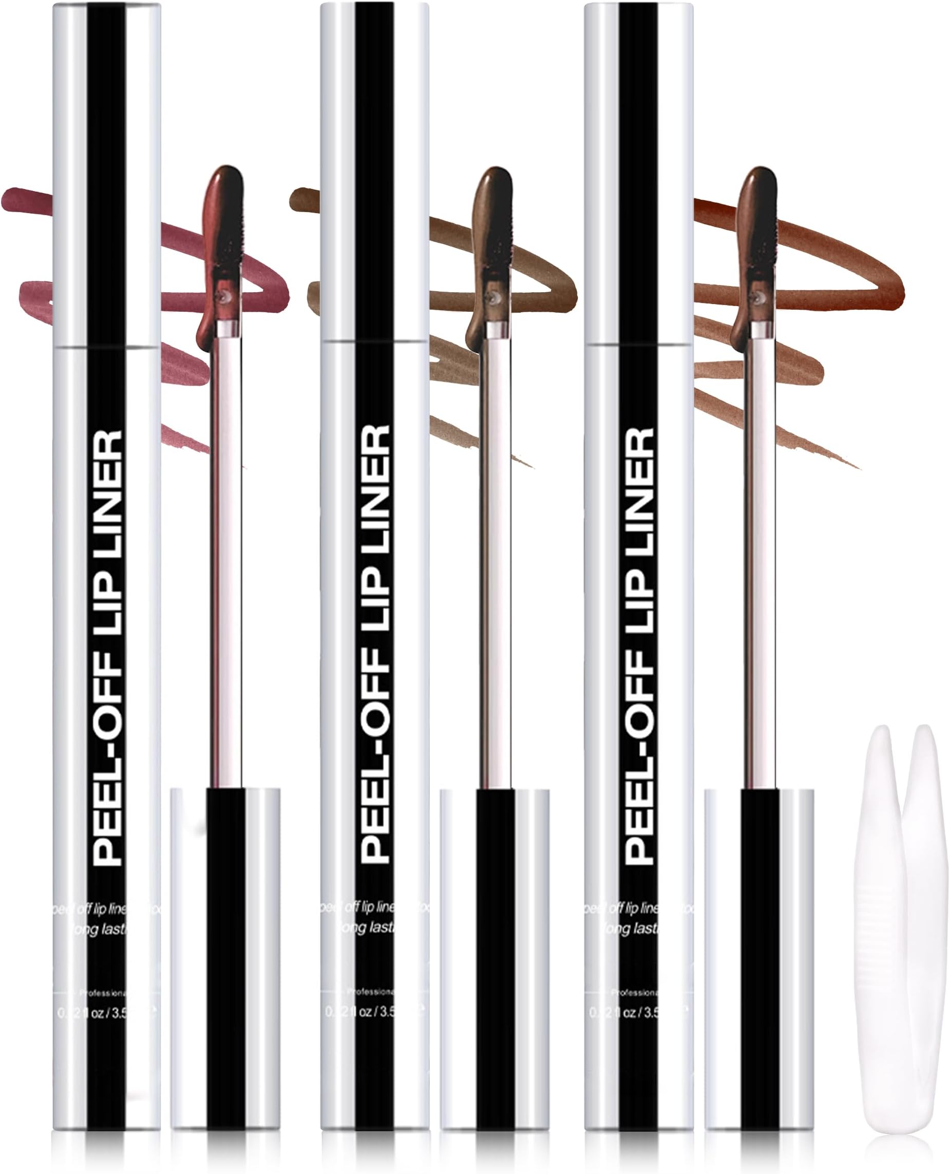 3PCS Peel Off Lip Liner Stain, Long Lasting Tattoo Lip Liner with Tweezer, Matte Finish Peel Off Lip Stain, Waterproof Transfer Proof, Non-Stick Cup Nude Lip Lipliner Stain