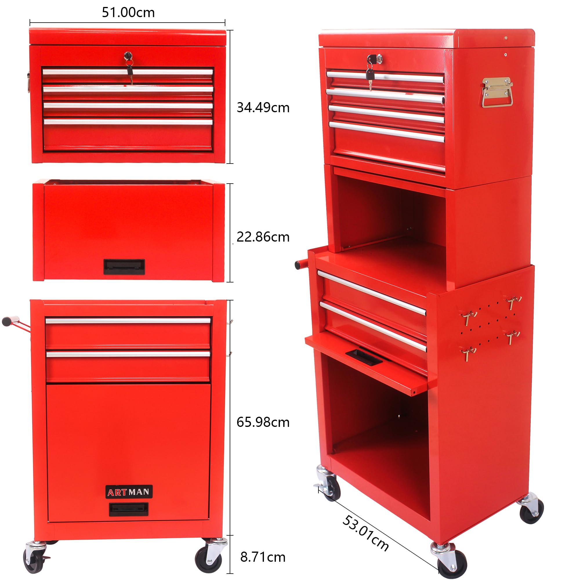 Carrello portautensili con 6 cassetti, chiudibile, in acciaio, per officina, colore rosso | 6 cassetti in acciaio verniciato a polvere, 4 ruote, 2 freni chiudibili, 100 kg