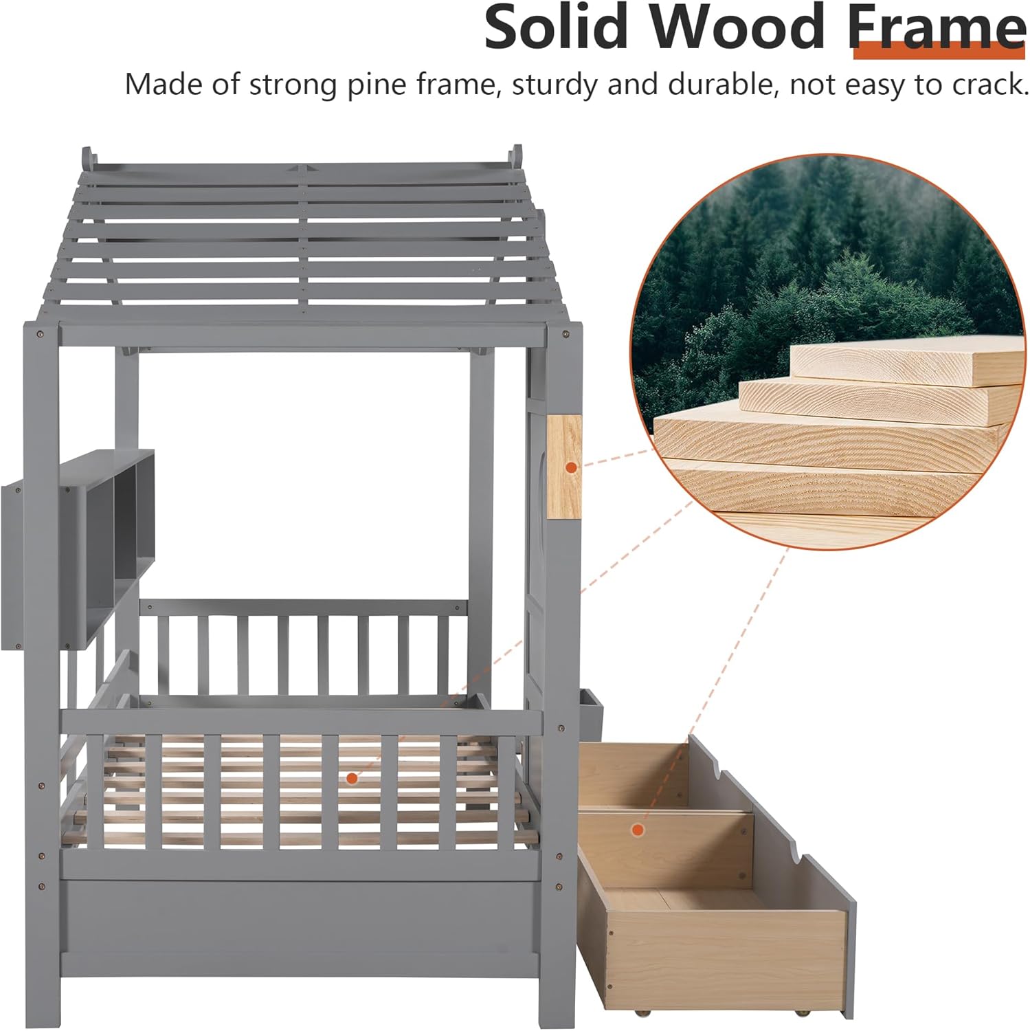 Twin Bed Frames for Kids, House Bed with Window and Fence, Wood Platform Bed Frame with Drawers and Shelves, Playhouse Bed for Boys Girls, Gray, 78" L x 42.7" W x 72" H