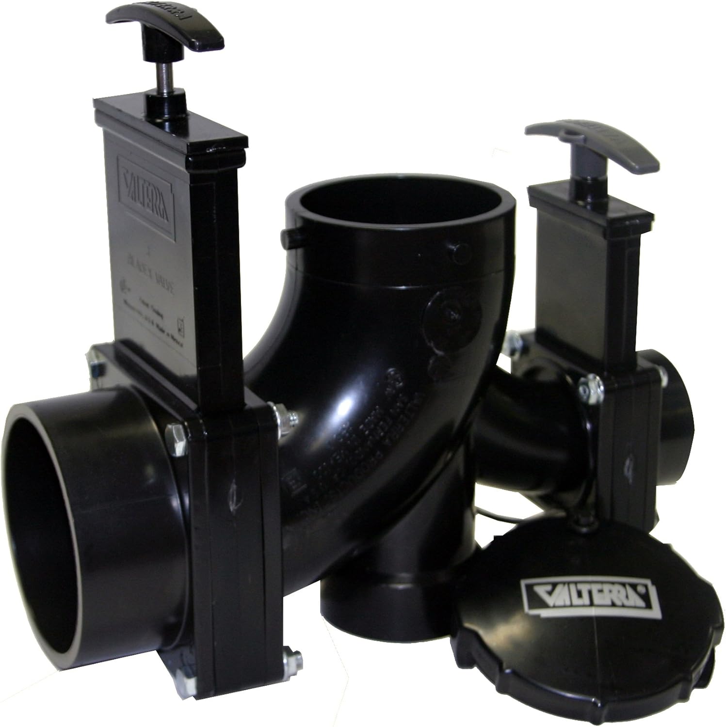 Valterra T82 Ell Double Rotating Valve, 3" Hub x 1-1/2" Hub x 2" Hub x 3" Bayonet Cap