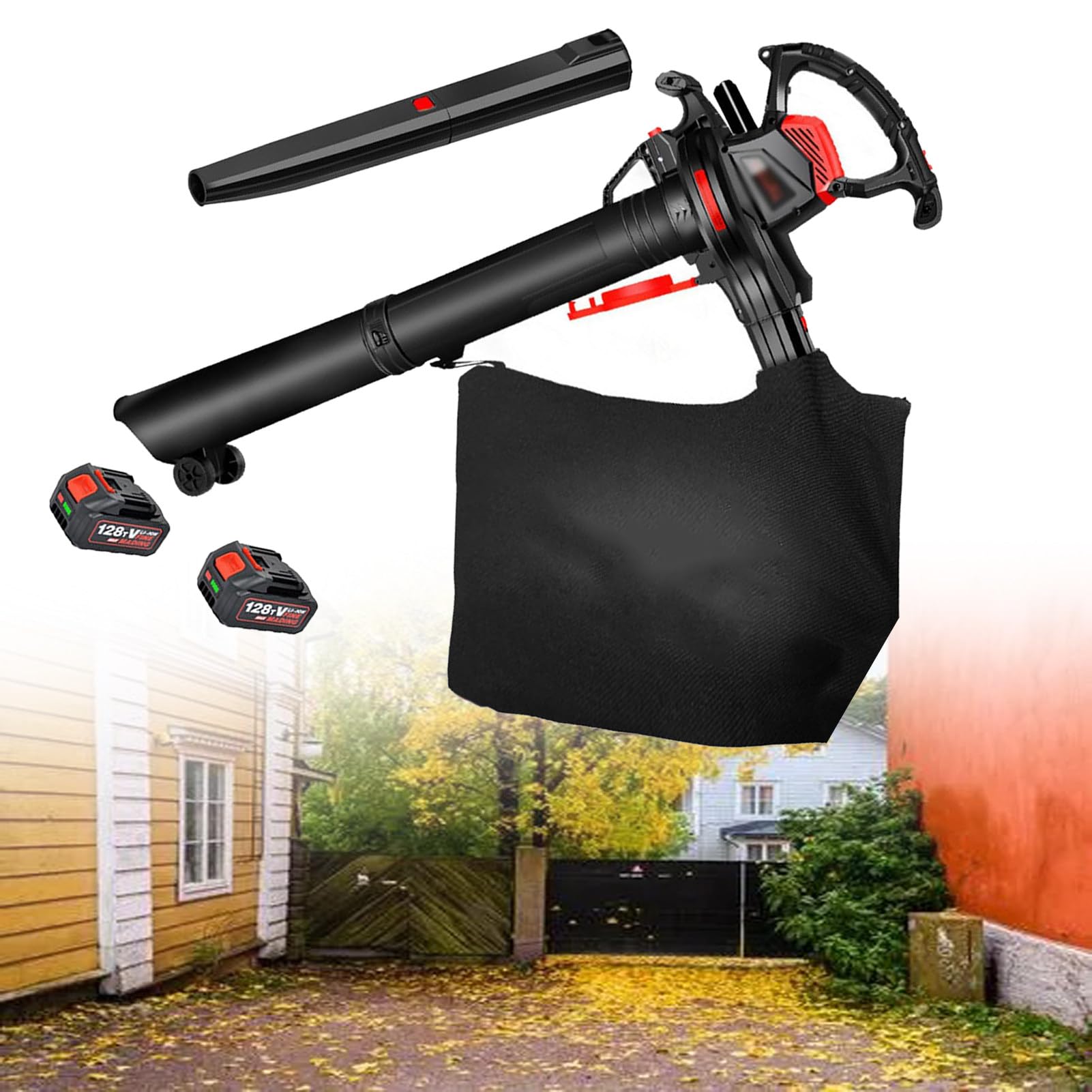 Soffiatore per foglie senza fili con 6 modalità di velocità, aspiratore e trituratore per giardini, soffiatore e aspiratore per foglie 2X4000MAH, sacco di raccolta 40L