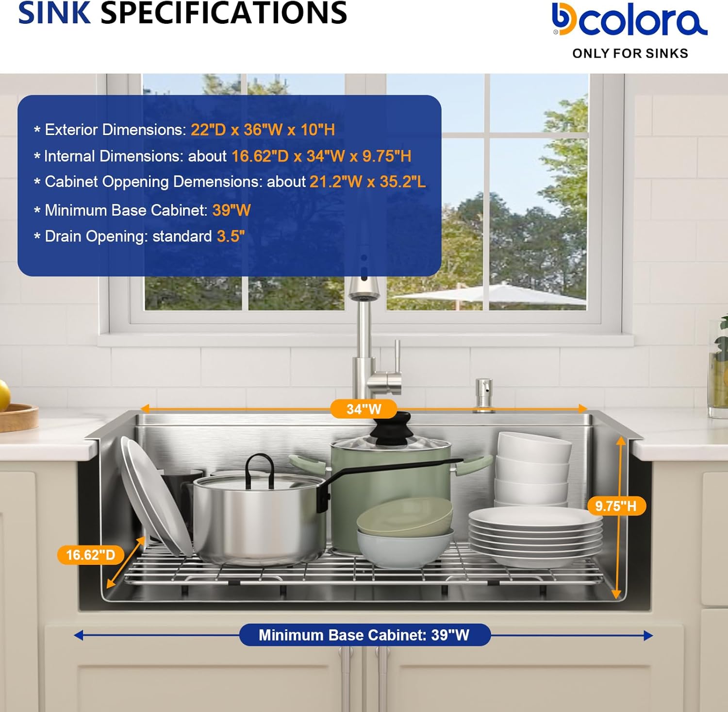 Dcolora 36 In. Drop In Kitchen Sink With Faucet Large Topmount Sink Workstation Stainless Steel Overmount Basin s Single Bowl 36"×22"×10", DC-SFDOE00014