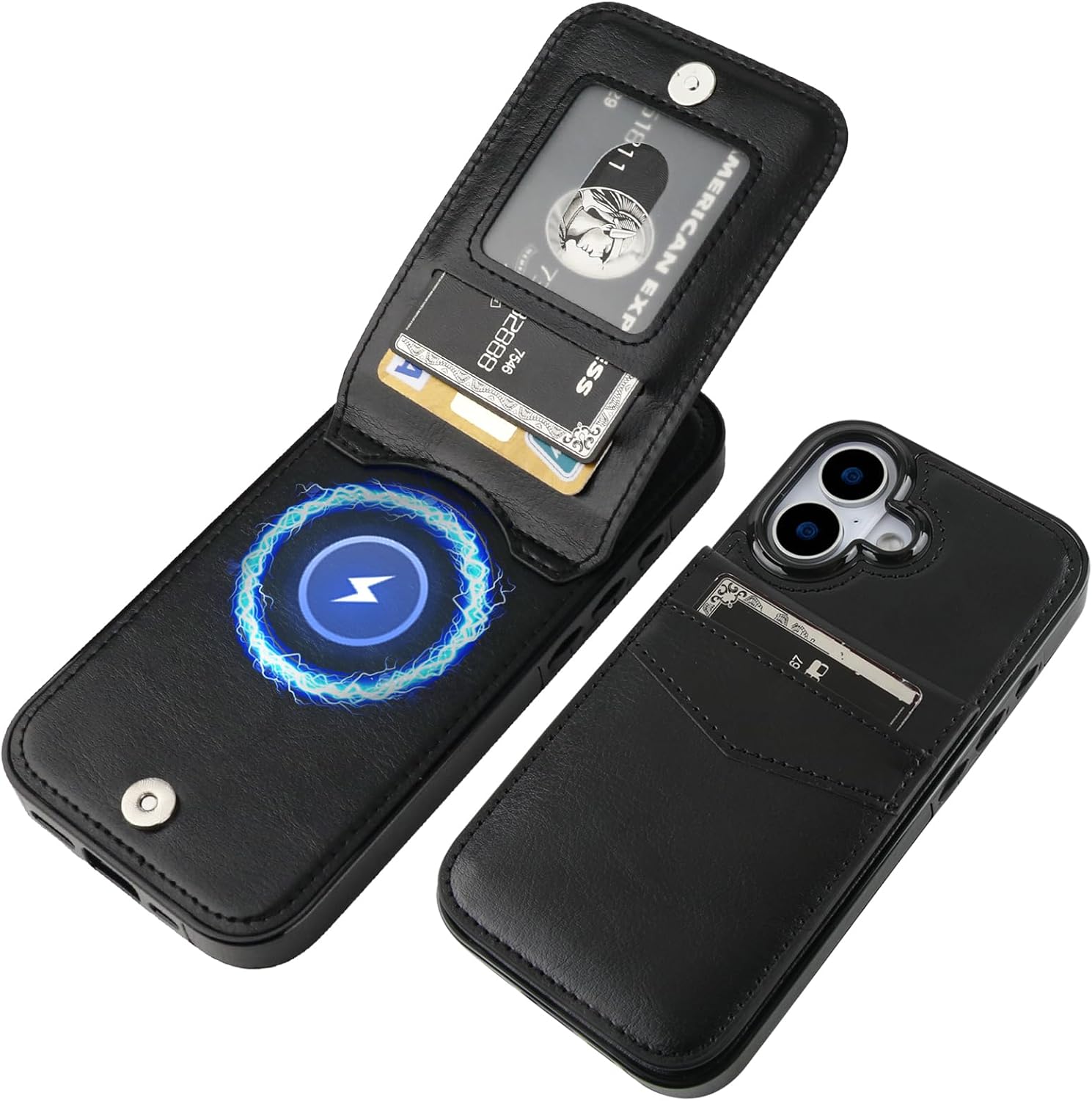 KIHUWEY for iPhone 17 Case Wallet Compatible with MagSafe Wireless Charging, Credit Card Holder, RFID Flip Leather Magnetic Clasp Kickstand Heavy Duty Protective Cover 6.3 Inch (Black)