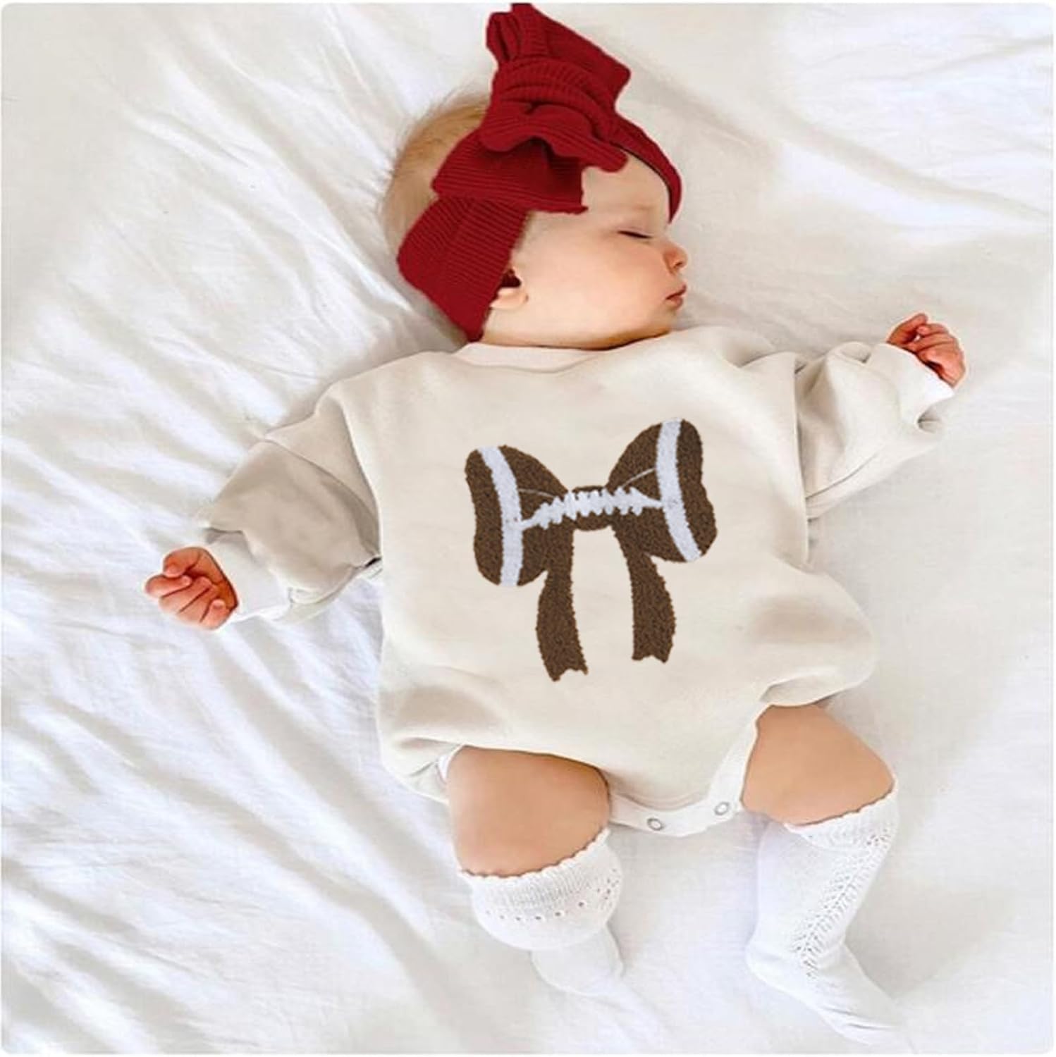 Karuedoo Newborn Baby Boy Girl Football Outfit Football Bow Sweatshirt Romper Oversized Long Sleeve Bubble Romper Bodysuit - Image 2